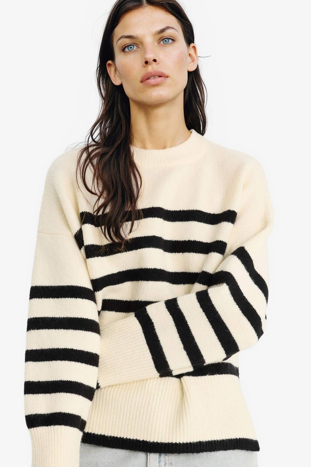 Oversize Loose Fit Half Turtleneck Striped Knit Sweater