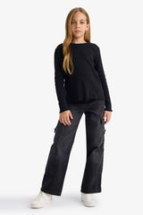 Girls Crew Neck Basic Plain Ribbed Camisole Long Sleeve School T-Shirt