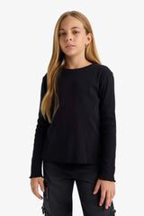 Girls Crew Neck Basic Plain Ribbed Camisole Long Sleeve School T-Shirt