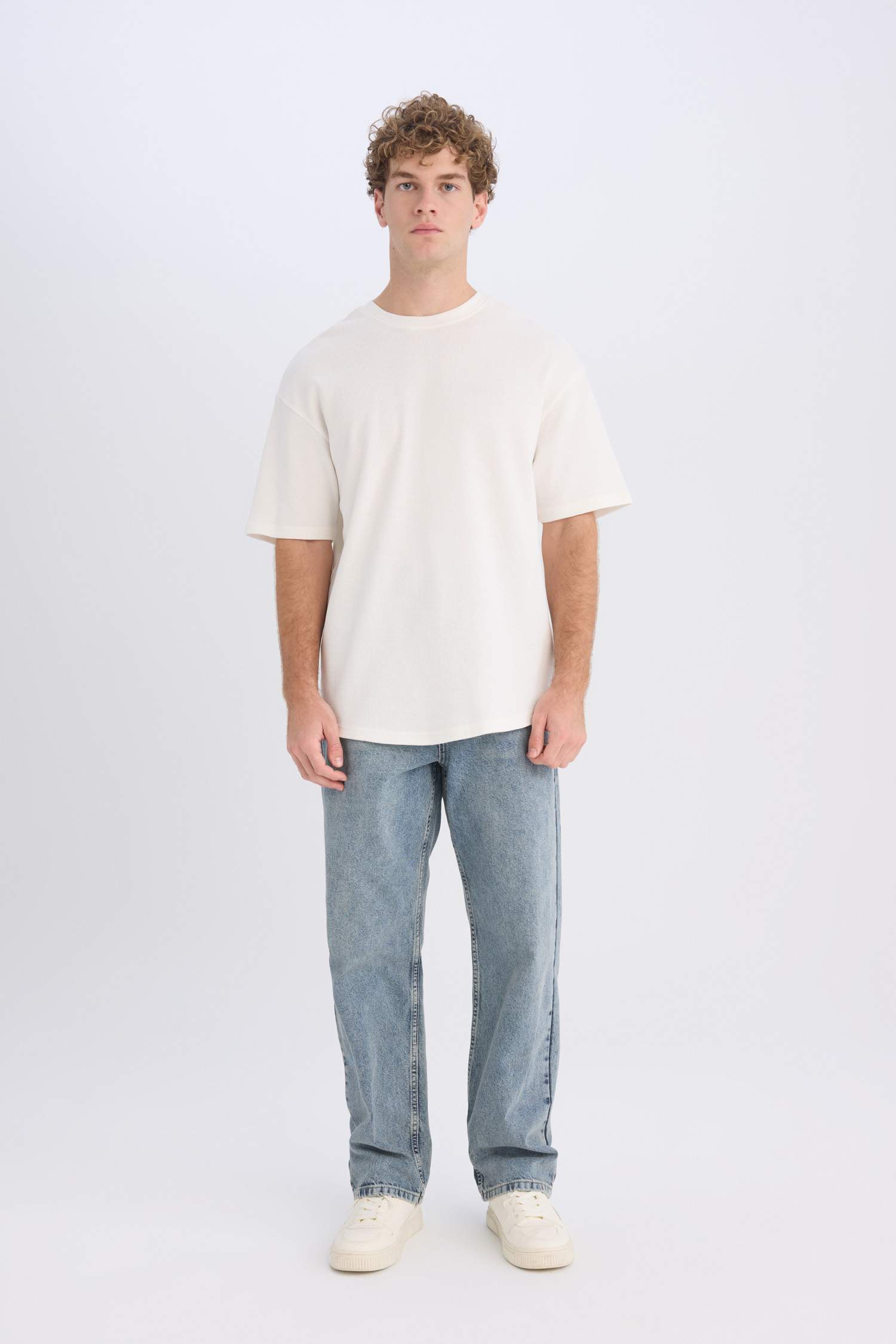 Boxy Fit Crew Neck Short Sleeve Basic Waffle T-Shirt