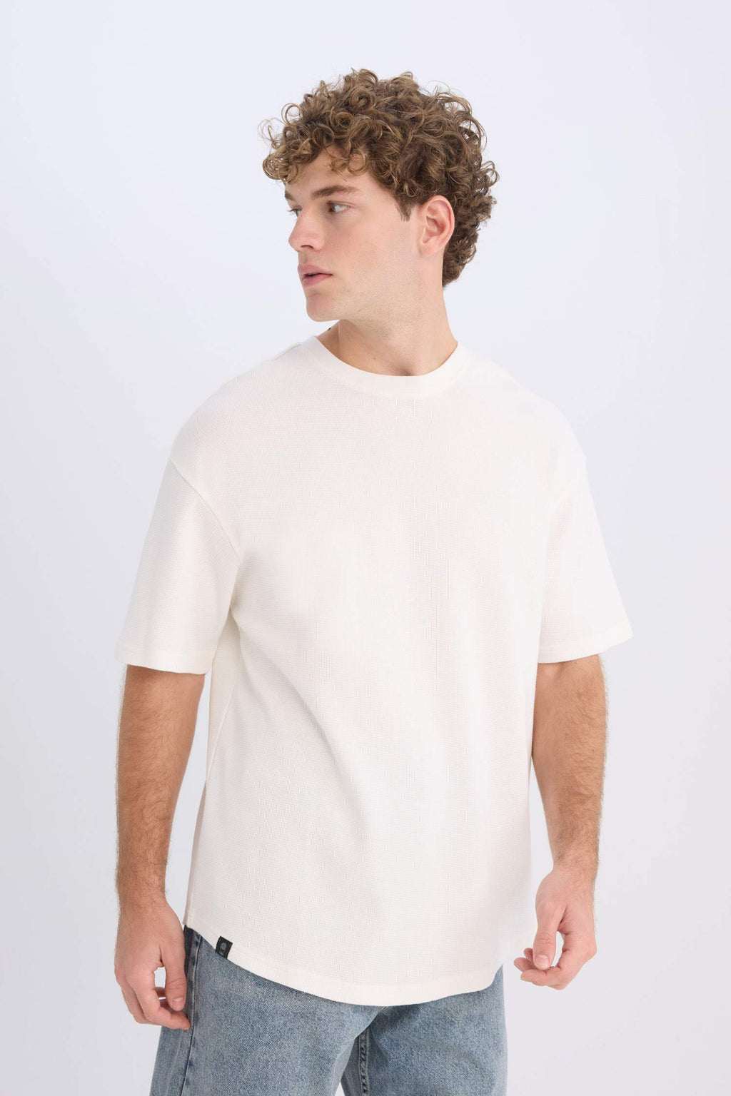 Boxy Fit Crew Neck Short Sleeve Basic Waffle T-Shirt