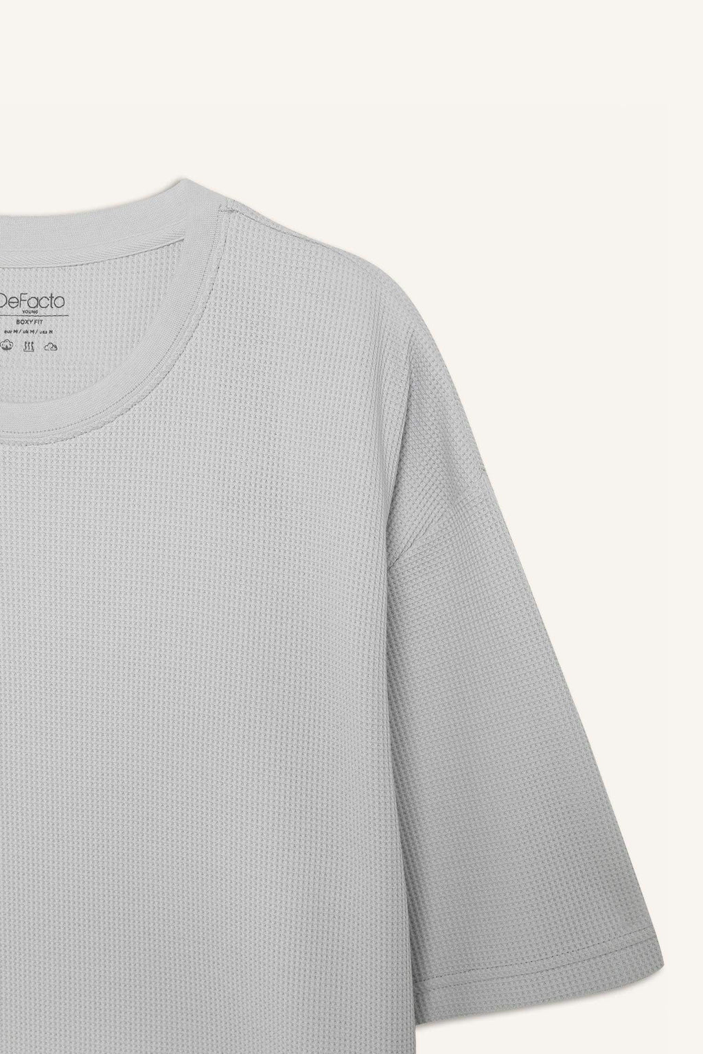 Boxy Fit Crew Neck Short Sleeve Basic Waffle T-Shirt