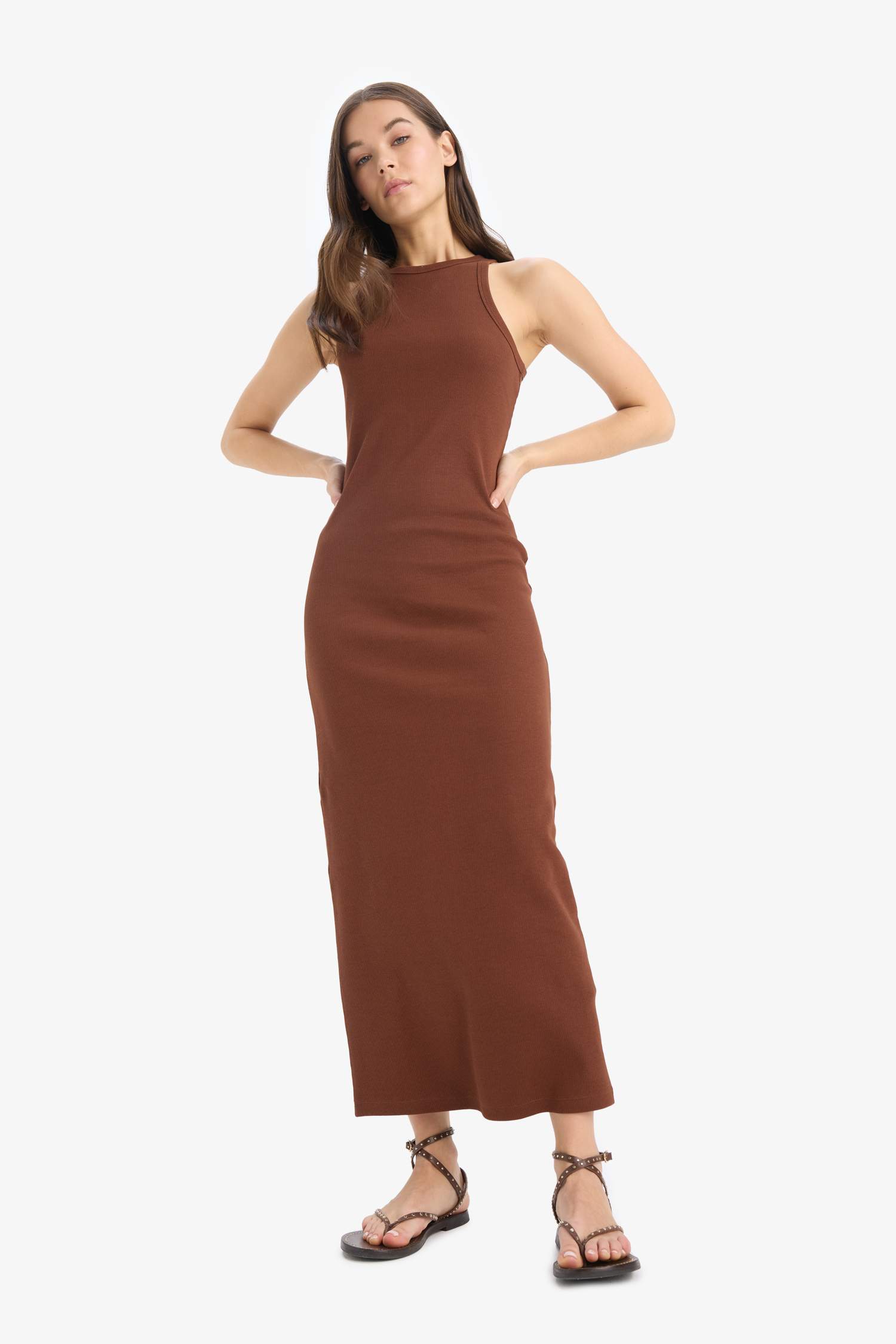 Bodycon Halter Neck Ribbed Camisole Strap Maxi Dress