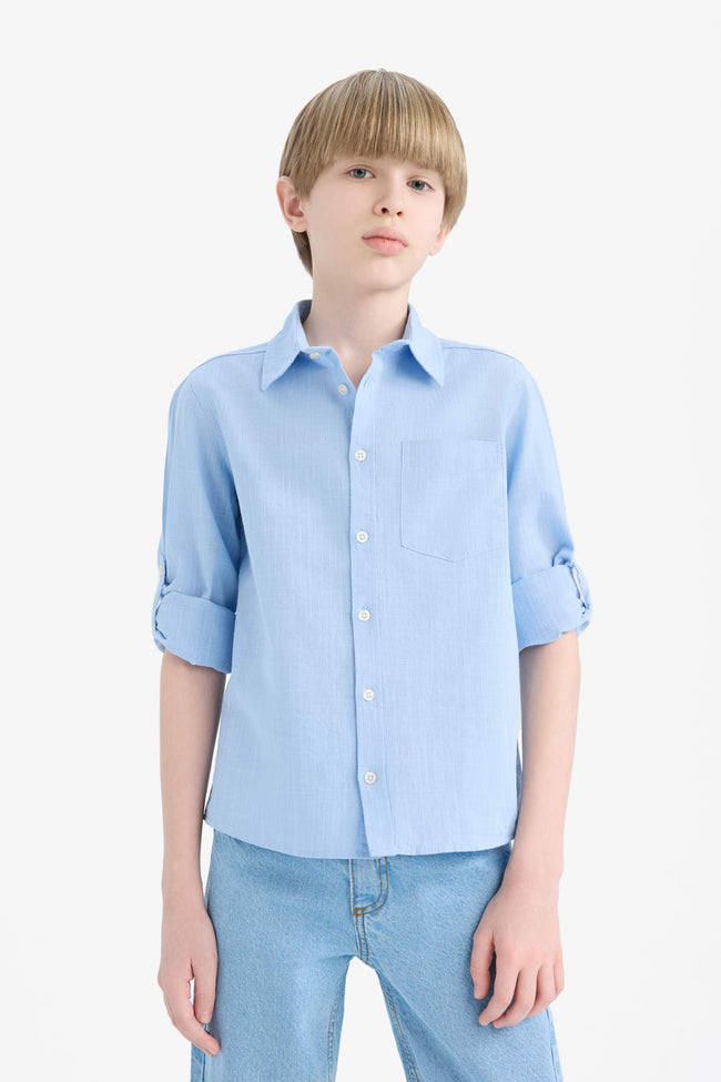 Boys Polo Collar Linen Look Long Sleeve Shirt Hover Image