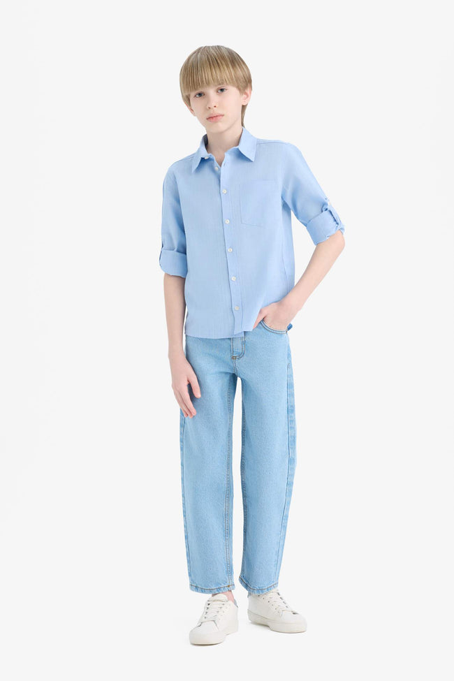 Boys Polo Collar Linen Look Long Sleeve Shirt Main Image