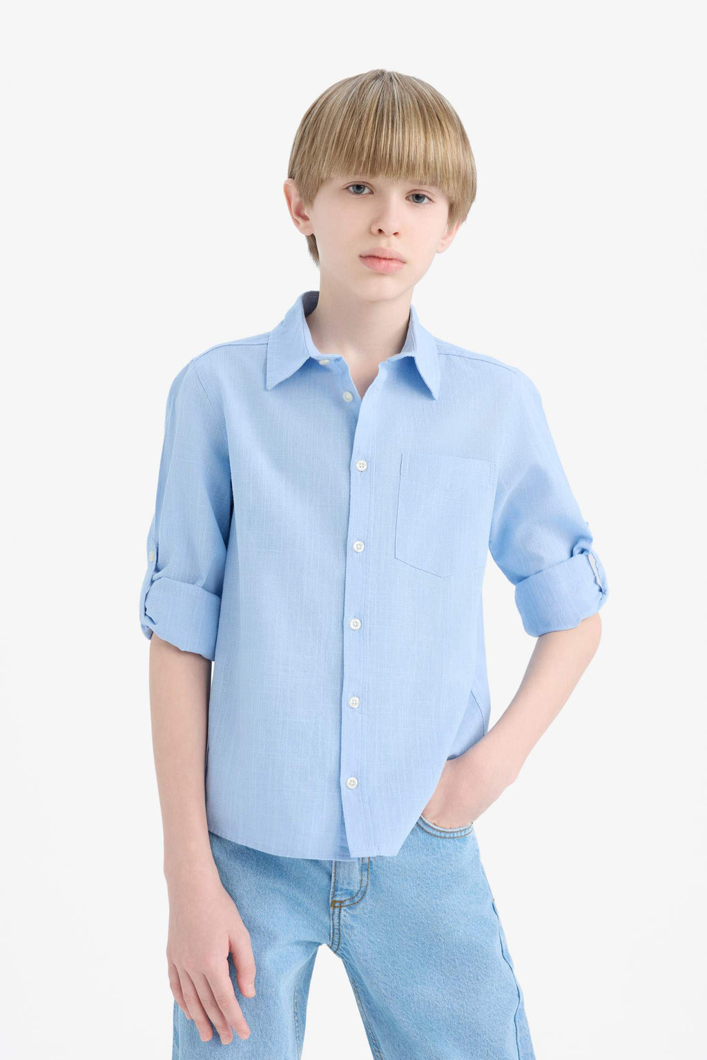 Boys Polo Collar Linen Look Long Sleeve Shirt