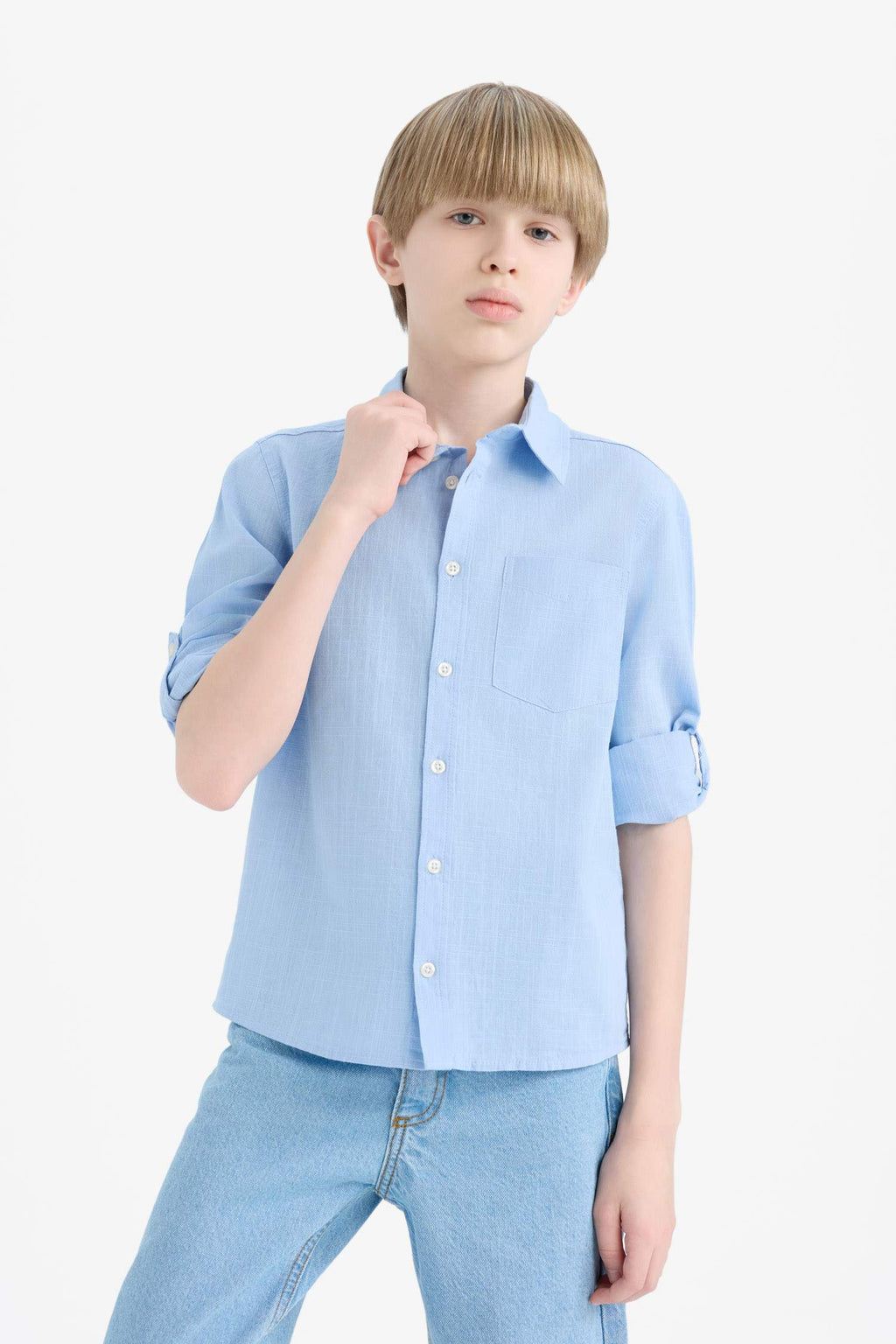 Boys Polo Collar Linen Look Long Sleeve Shirt