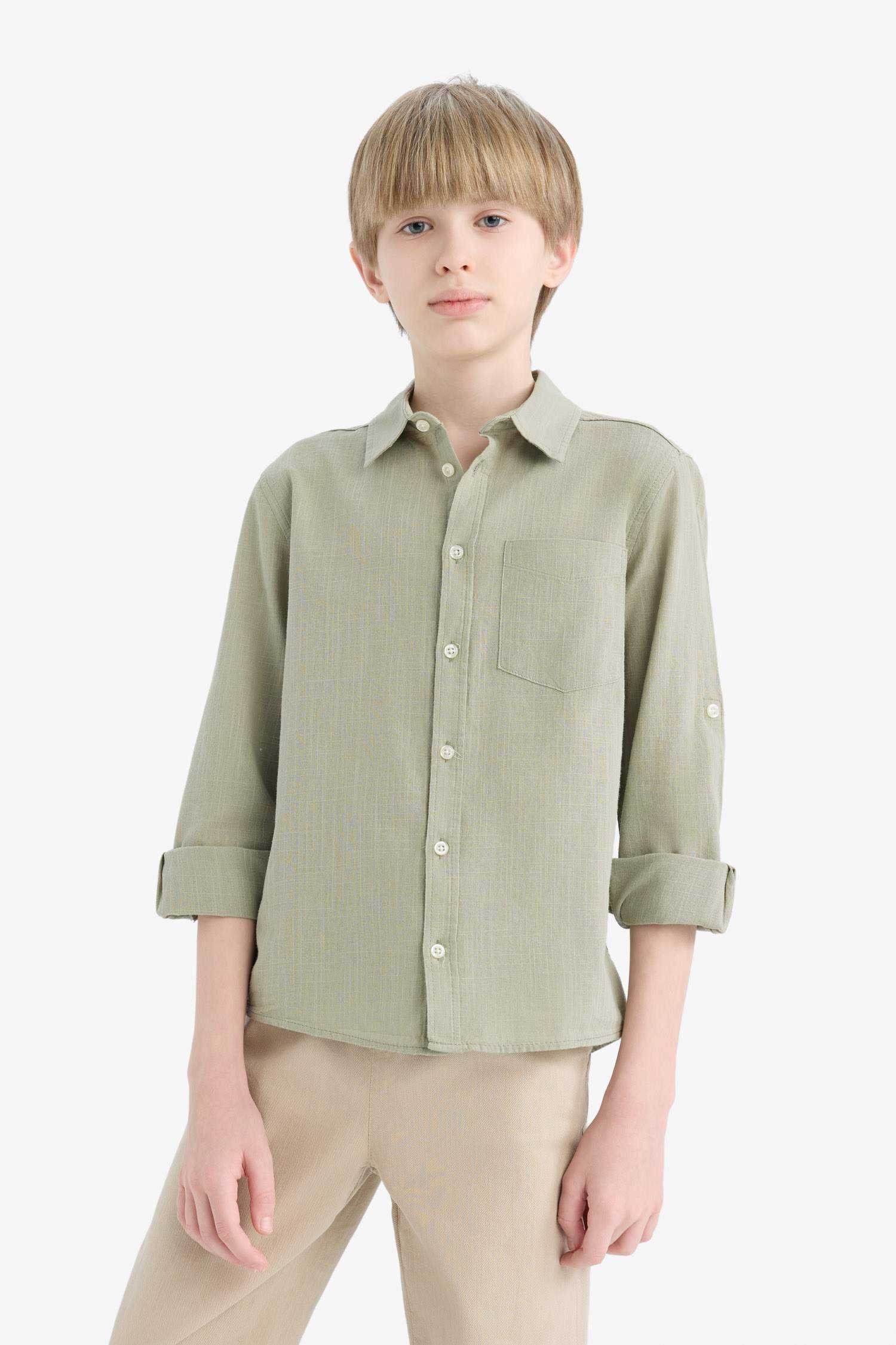 Boys Polo Collar Linen Look Long Sleeve Shirt