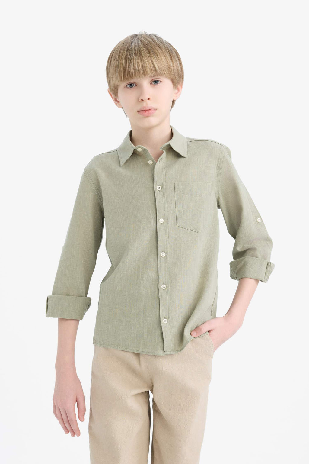 Boys Polo Collar Linen Look Long Sleeve Shirt