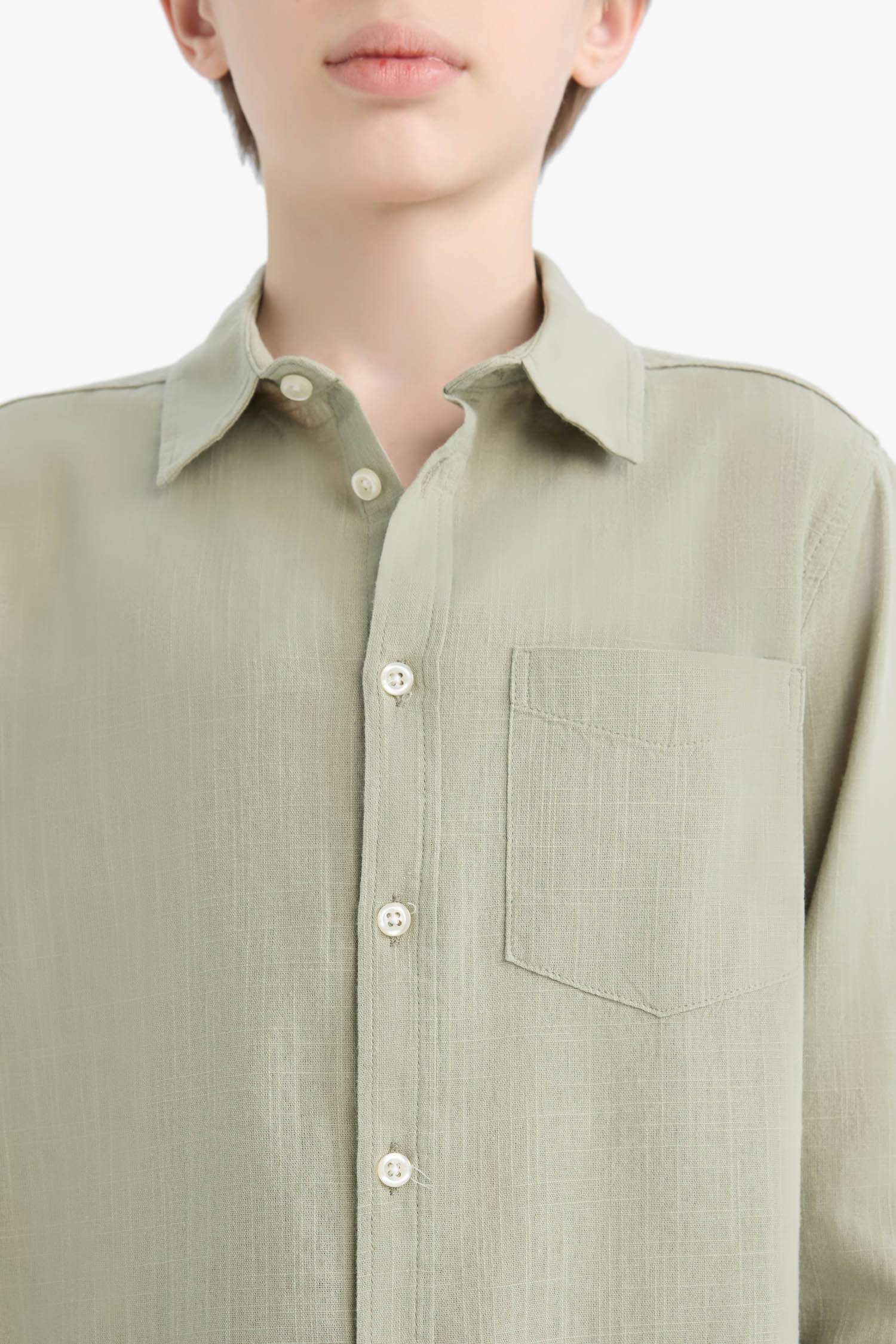 Boys Polo Collar Linen Look Long Sleeve Shirt