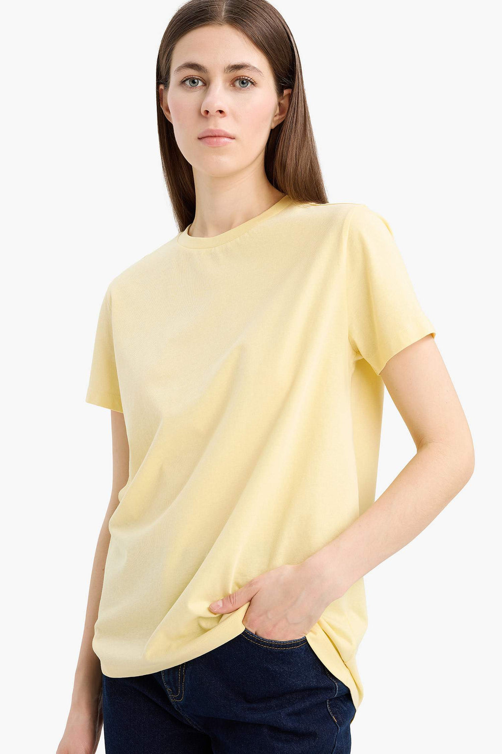 Basic Long Fit Crew Neck T-Shirt in Short Sleeve Jersey