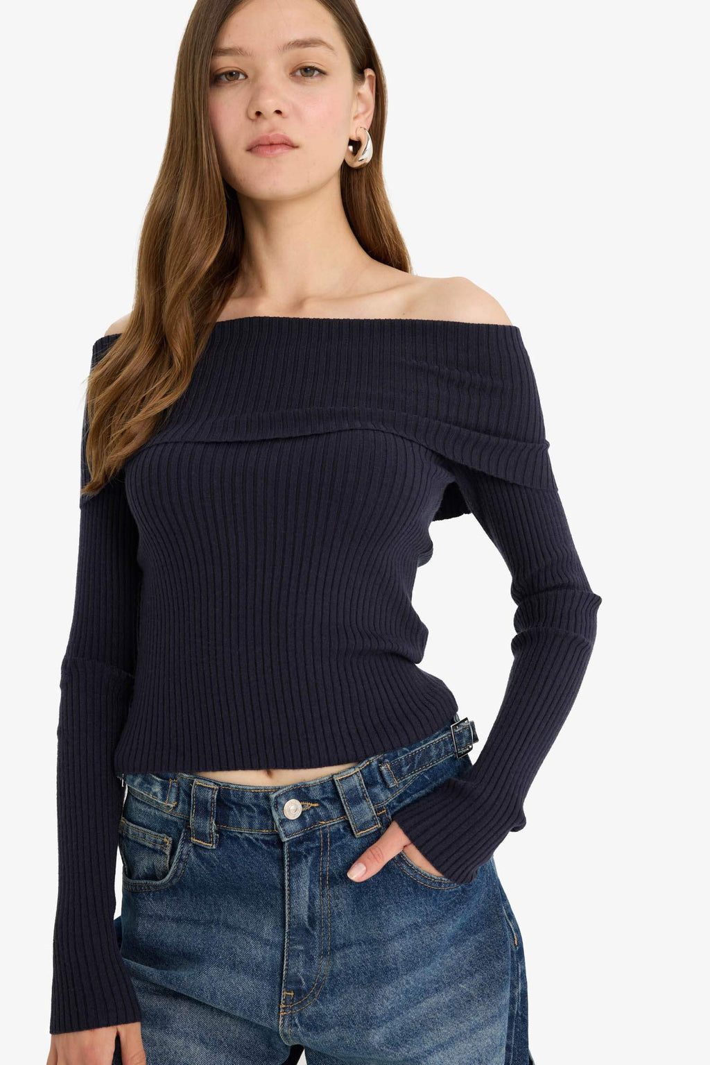 Slim Fit Narrow Cut Off-Shoulder Knit Sweater