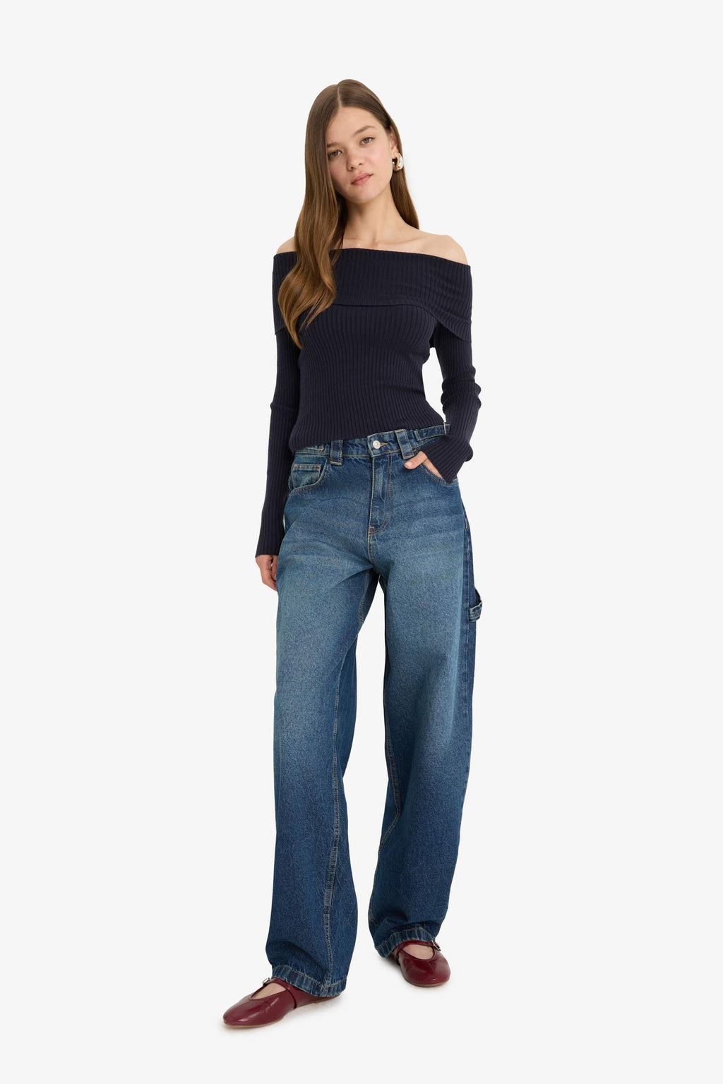 Slim Fit Narrow Cut Off-Shoulder Knit Sweater