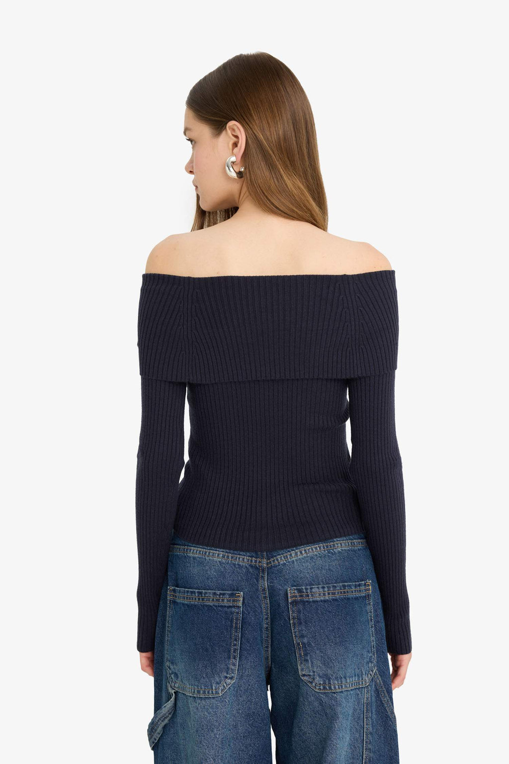 Slim Fit Narrow Cut Off-Shoulder Knit Sweater