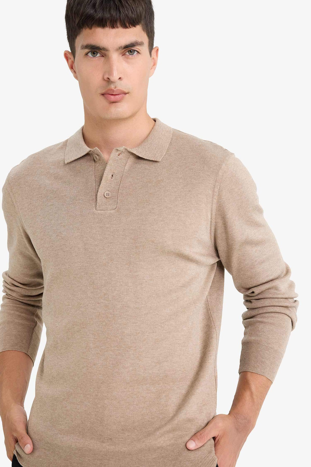 Standard Fit Polo Collar Buttoned Knit Sweater