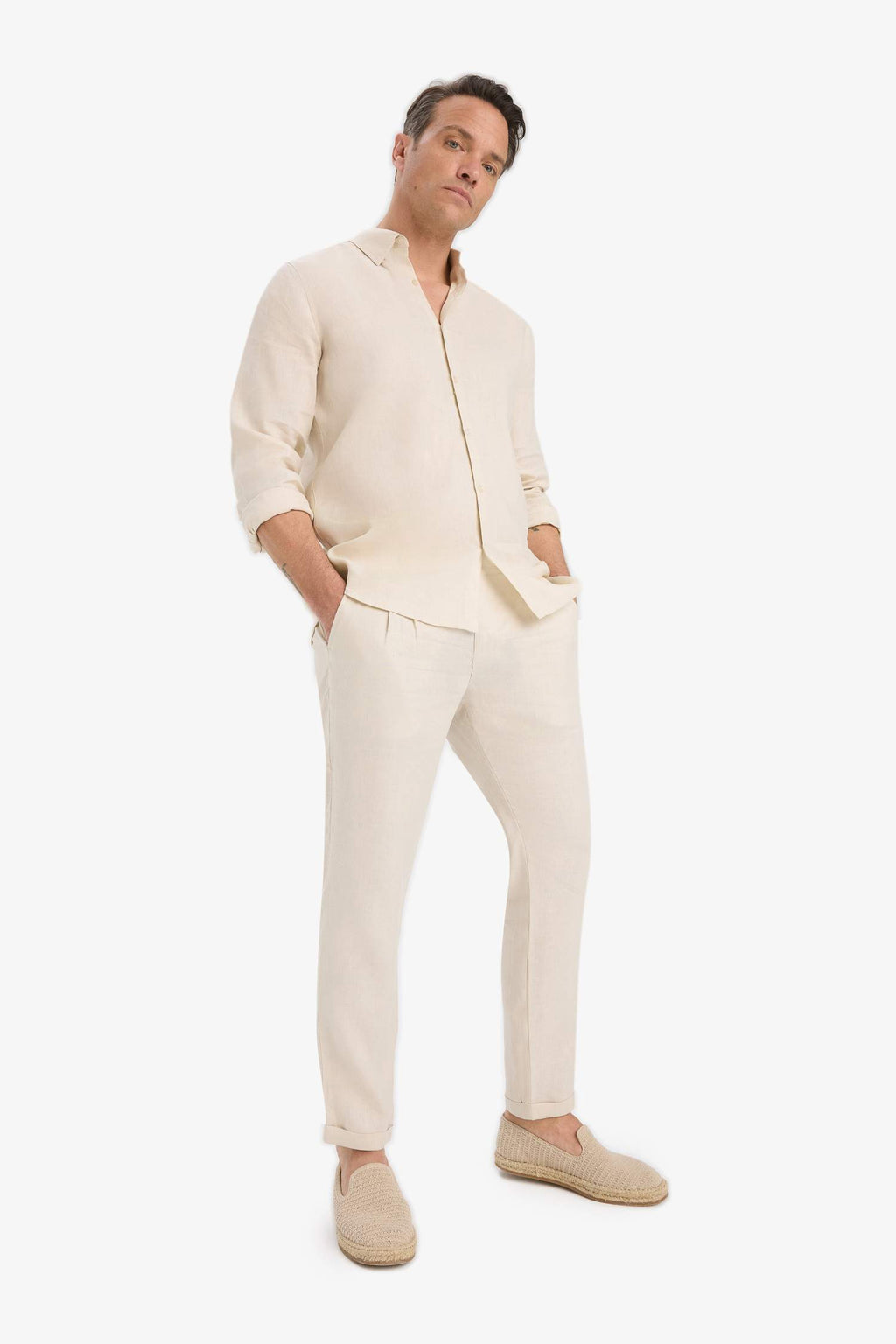 100% Linen Regular Fit Polo Collar Summer Basic Plain Long Sleeve Shirt