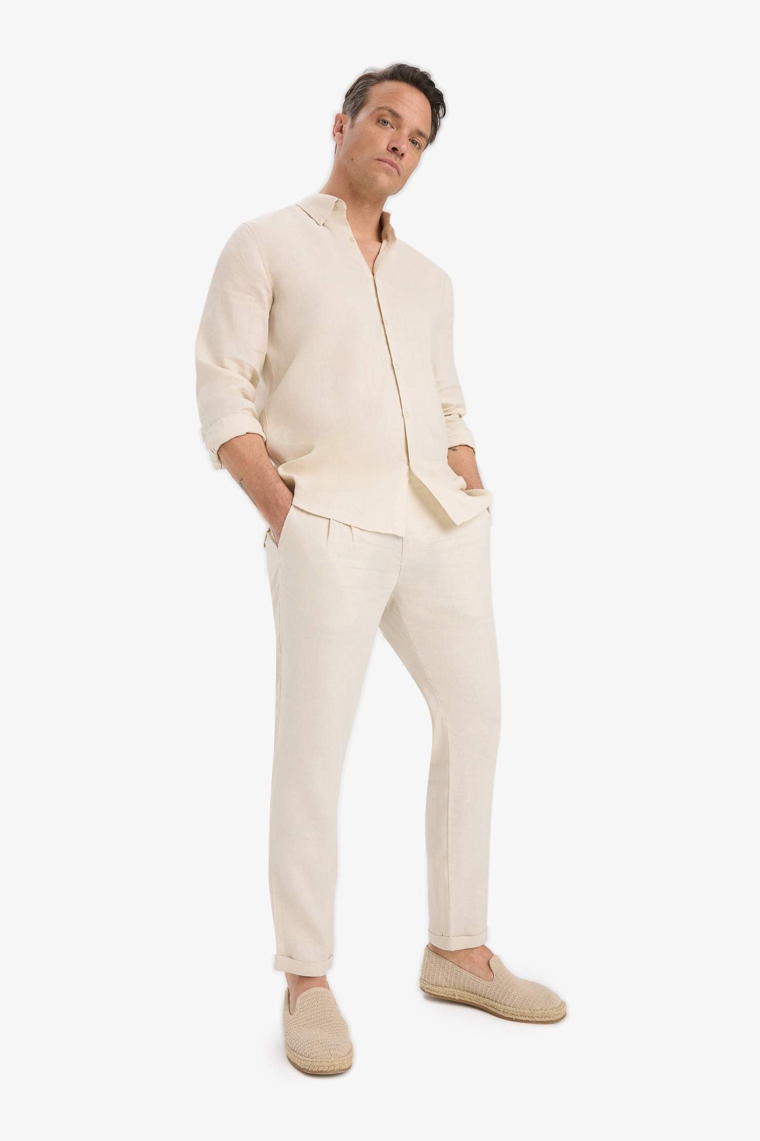 100% Linen Regular Fit Polo Collar Summer Basic Plain Long Sleeve Shirt