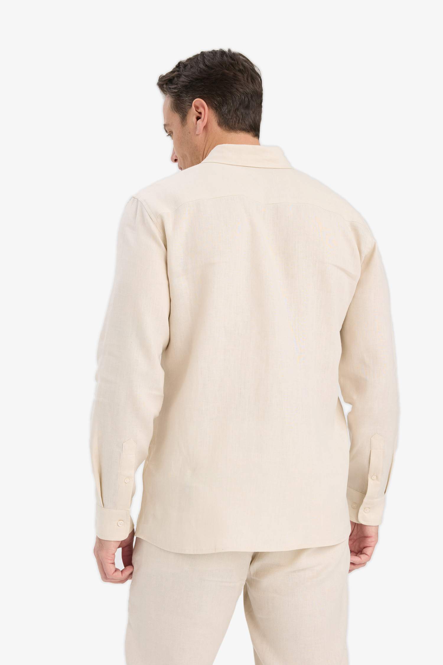 100% Linen Regular Fit Polo Collar Summer Basic Plain Long Sleeve Shirt