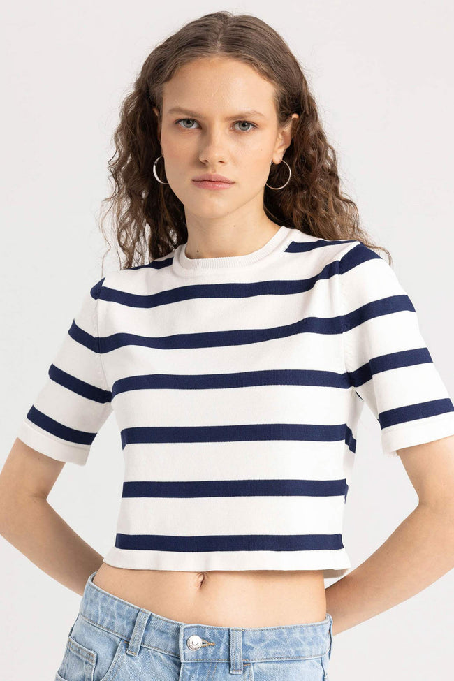 Fitted Crew Neck Striped Short Sleeve Pullover Hover Image