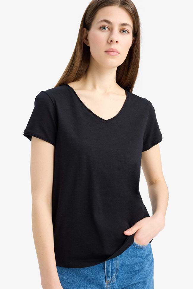 Regular Fit V-Neck Basic Plain Short Sleeve T-Shirt Hover Image