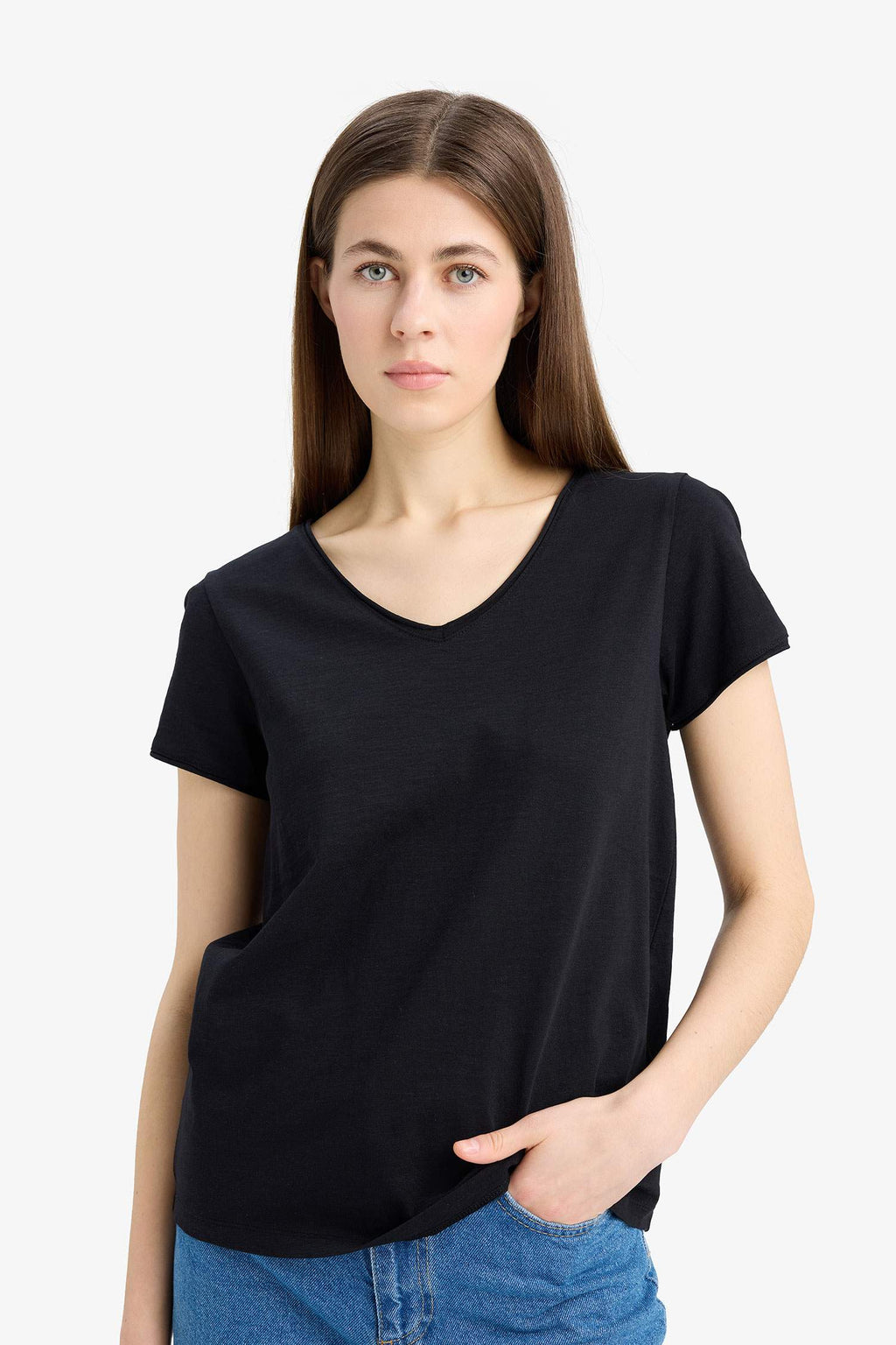 Regular Fit V-Neck Basic Plain Short Sleeve T-Shirt