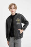 Boys College Collar Zippered Pocket Seasonal Printed Jean Bomber Jacket