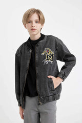 Boys College Collar Zippered Pocket Seasonal Printed Jean Bomber Jacket