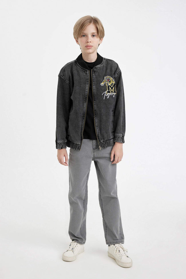 Boys College Collar Zippered Pocket Seasonal Printed Jean Bomber Jacket Main Image