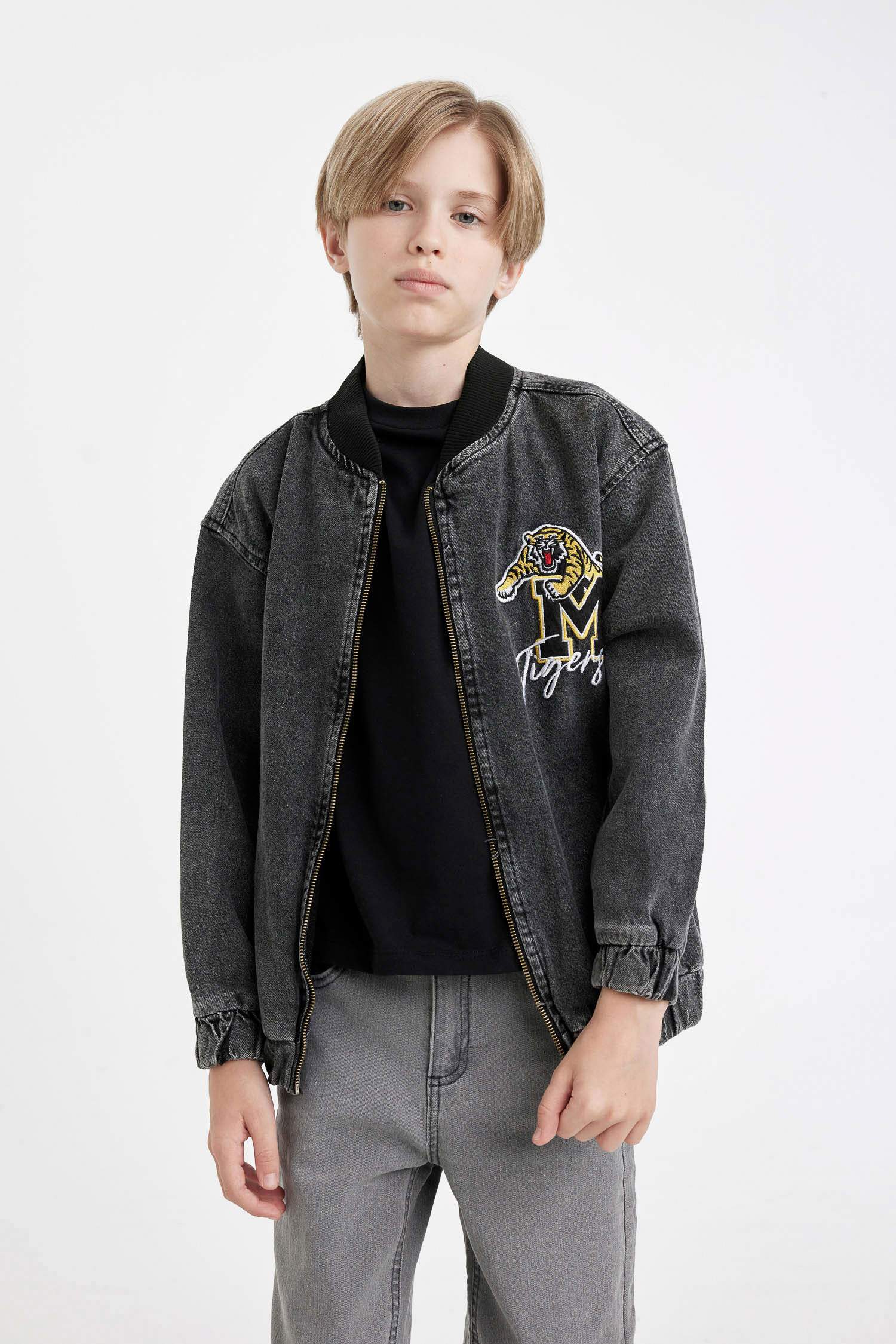 Boys College Collar Zippered Pocket Seasonal Printed Jean Bomber Jacket