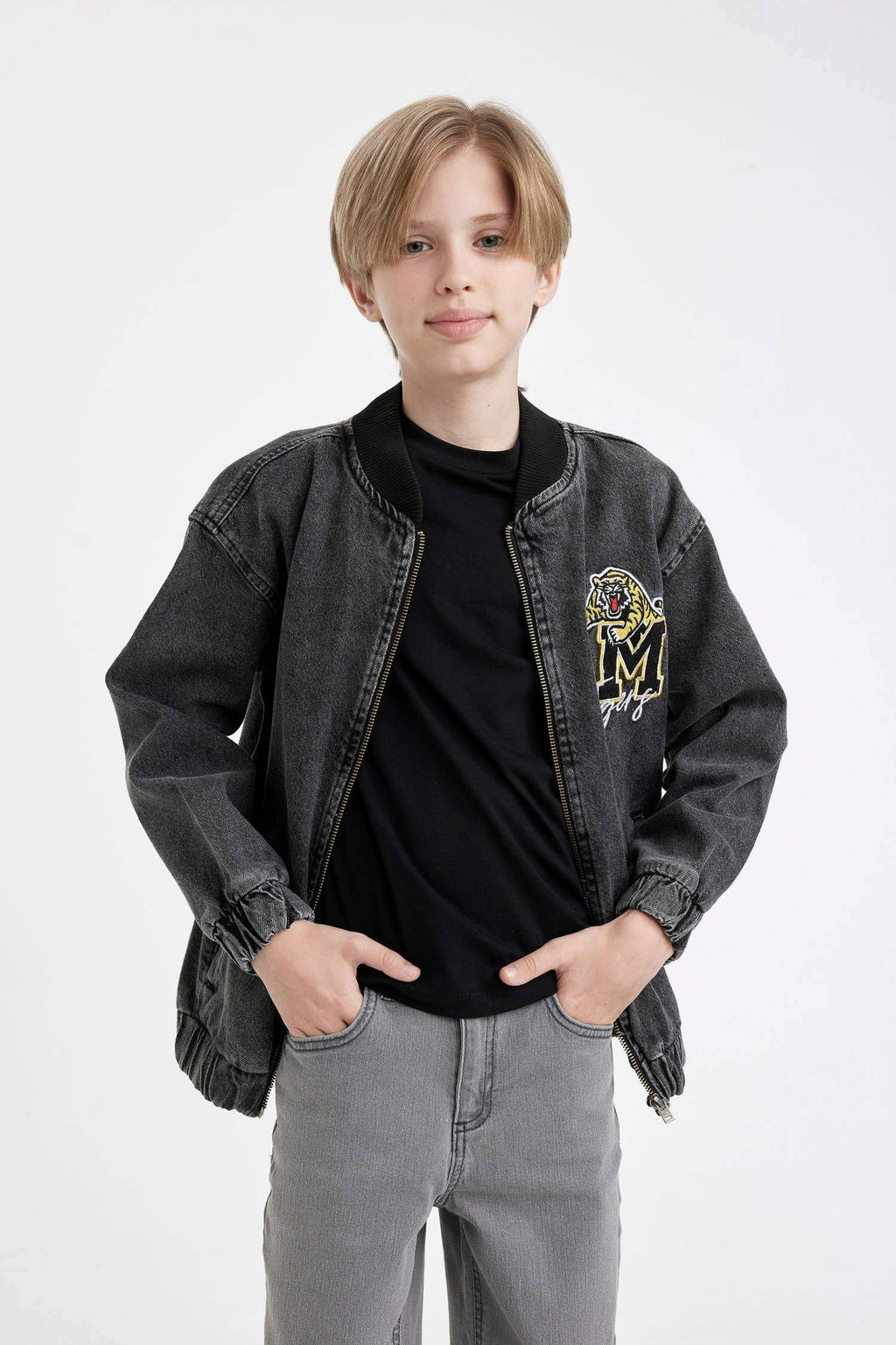 Boys College Collar Zippered Pocket Seasonal Printed Jean Bomber Jacket