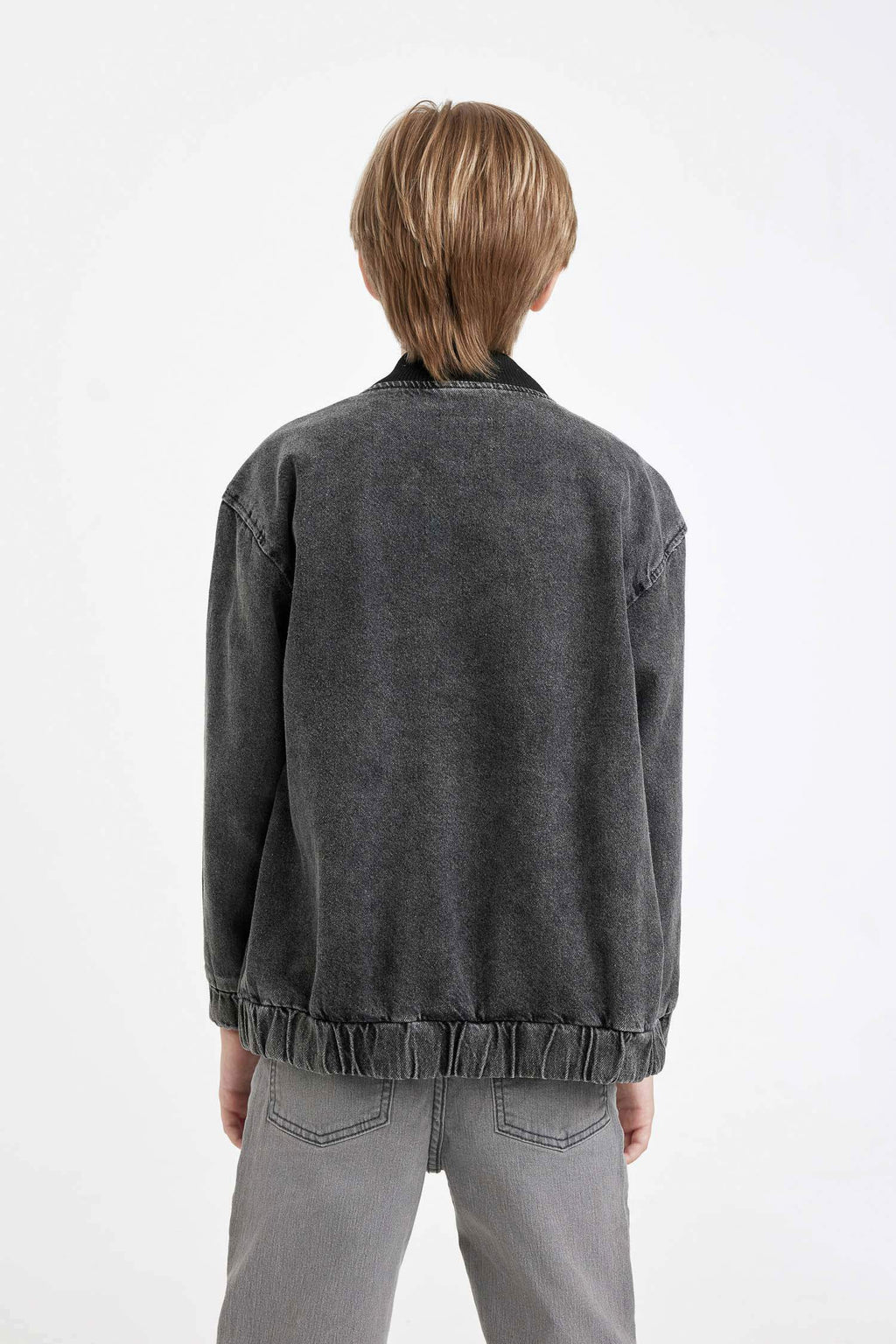 Boys College Collar Zippered Pocket Seasonal Printed Jean Bomber Jacket