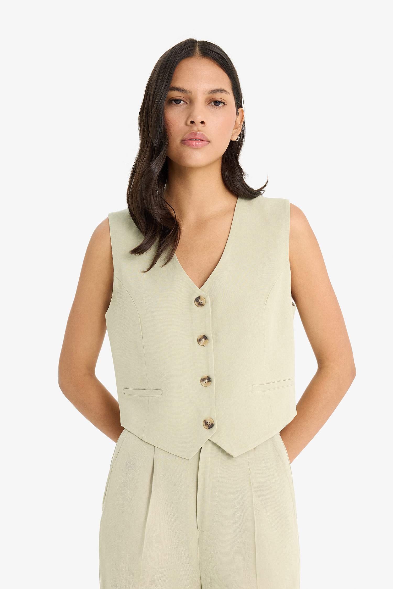 V Neck Linen Blend Vest
