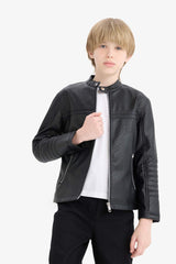 Boys Waterproof Zippered Faux Leather Jacket Coat
