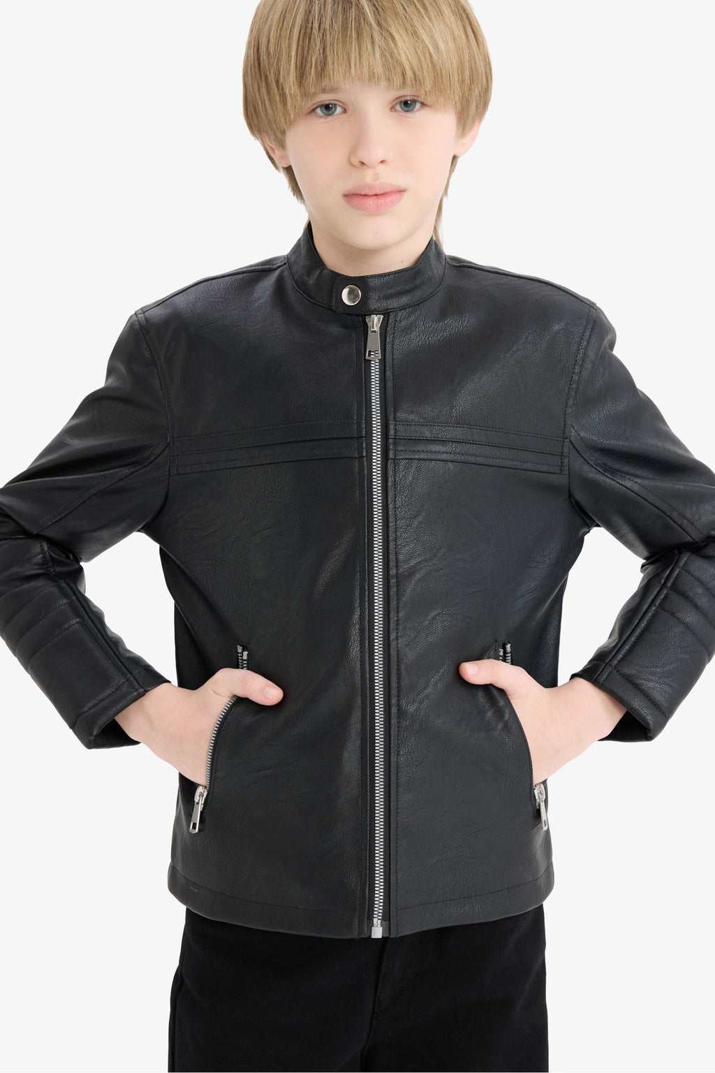 Boys Waterproof Zippered Faux Leather Jacket Coat