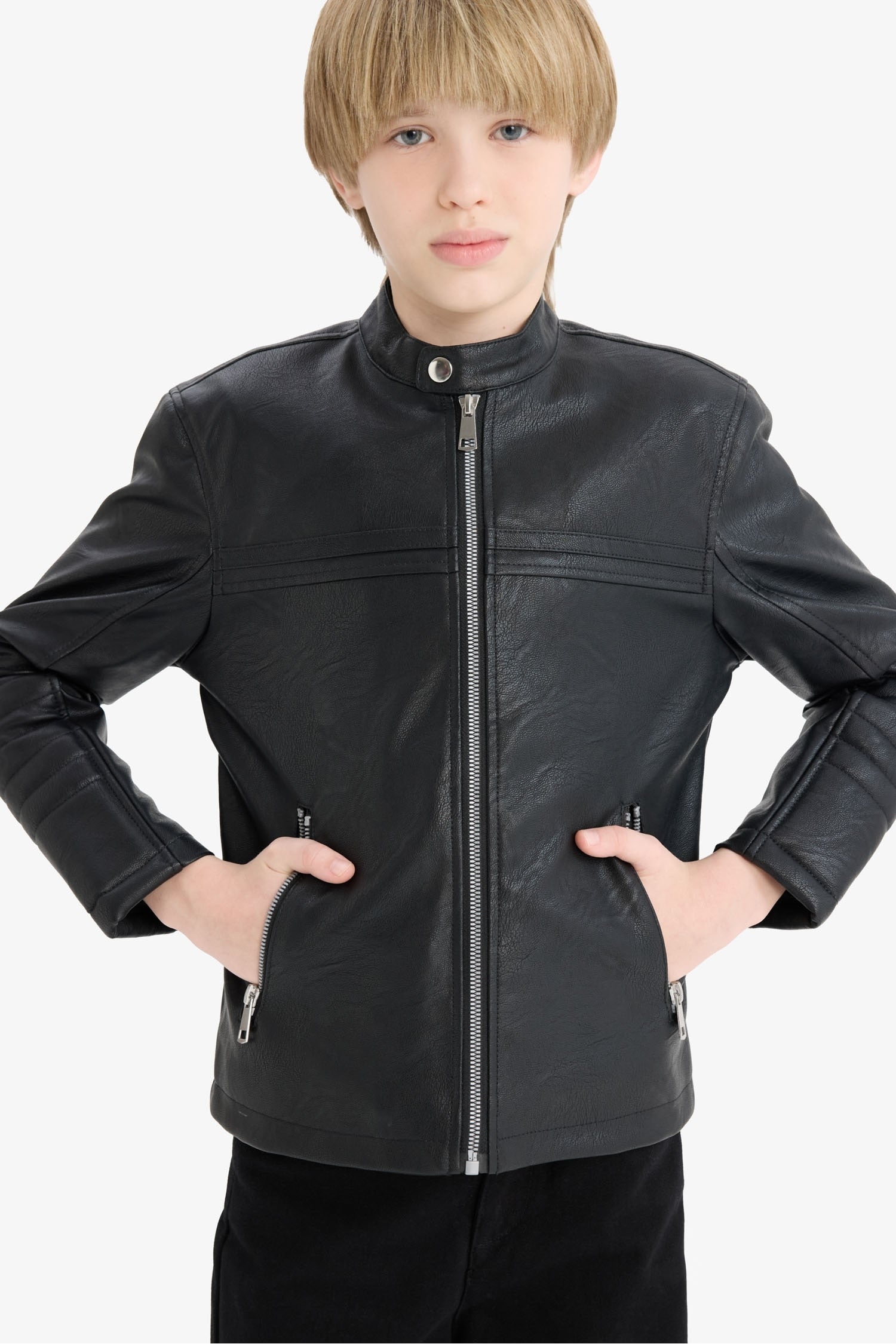 Boys Waterproof Zippered Faux Leather Jacket Coat