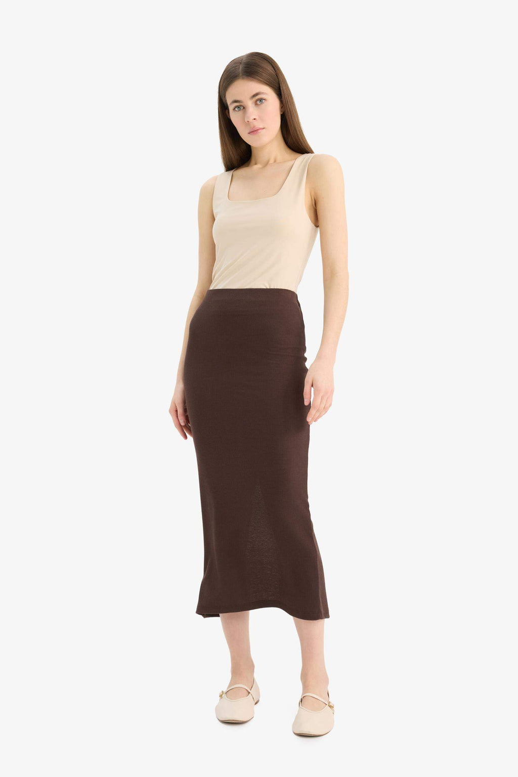 High Waist Ribbed Camisole Basic Maxi Black Pencil Skirt