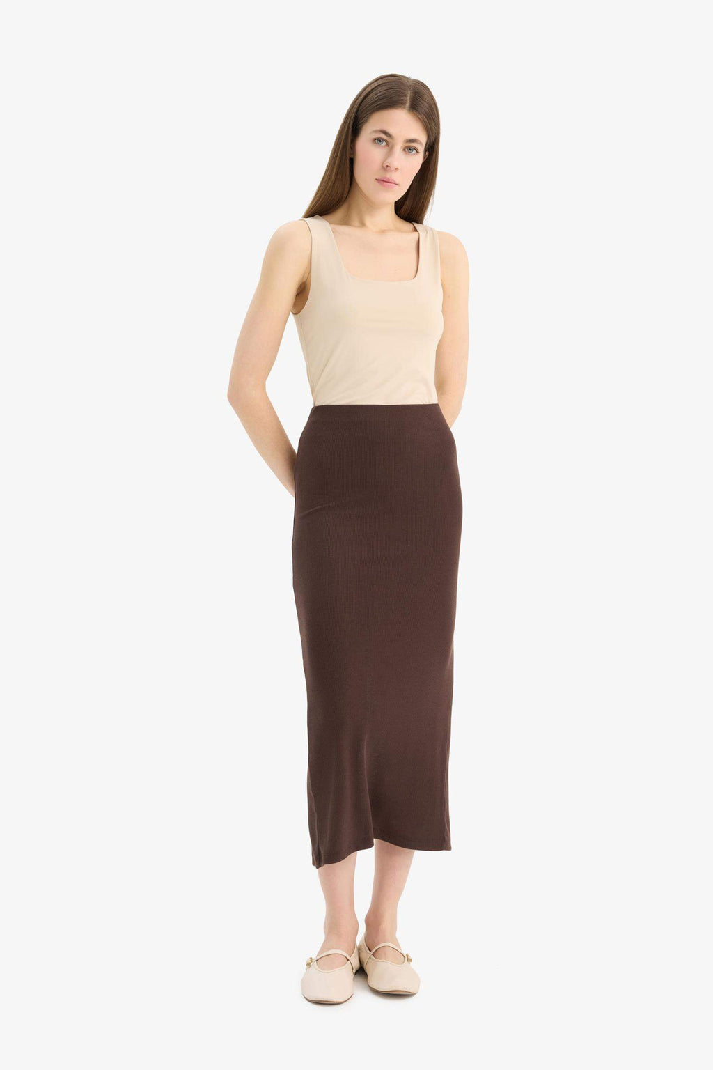 High Waist Ribbed Camisole Basic Maxi Black Pencil Skirt