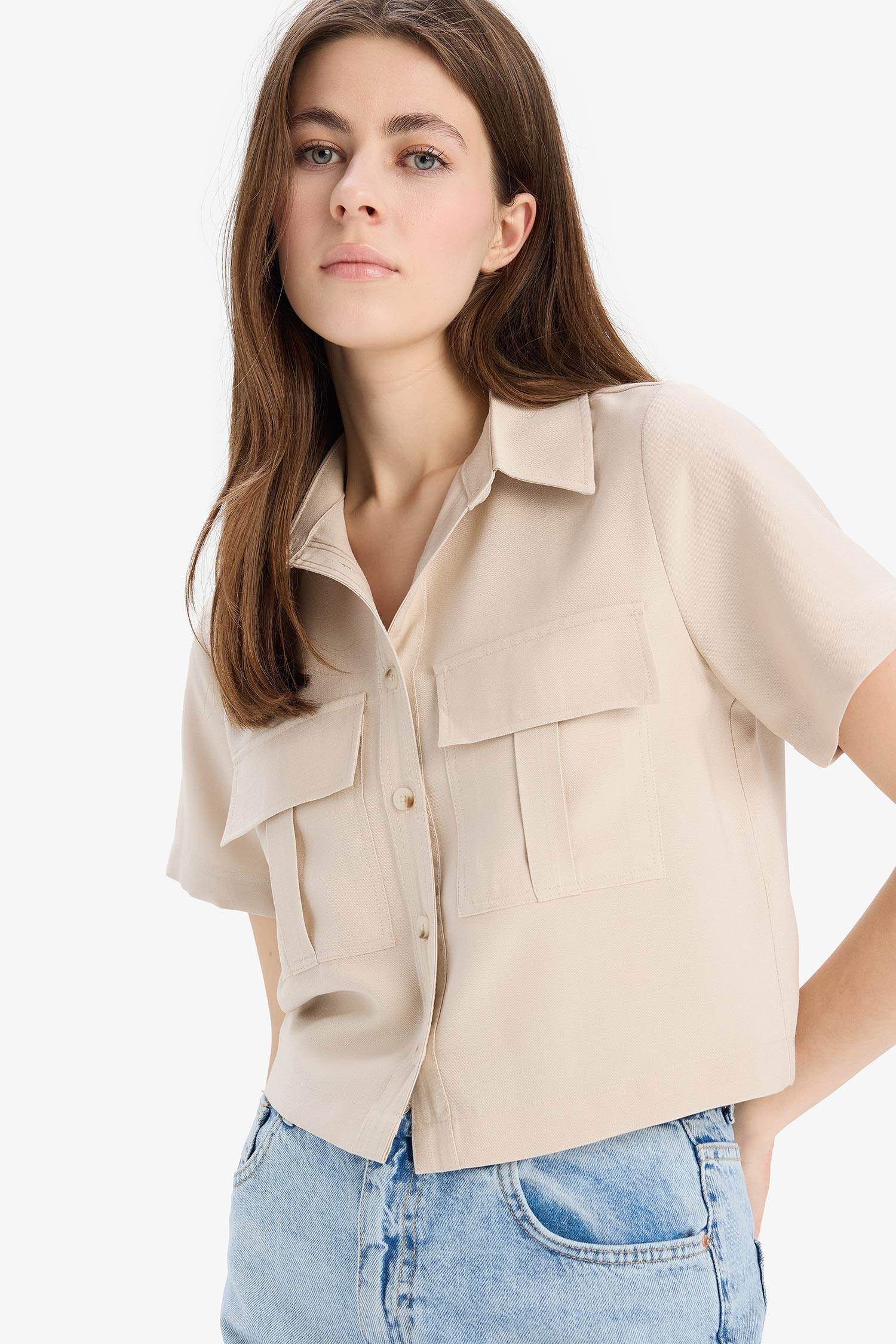 Tencel Short Sleeve Crop Shirt