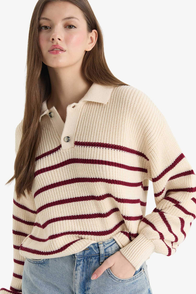 Cool Relax Fit Polo Collar Button-Down Striped Knit Sweater Hover Image