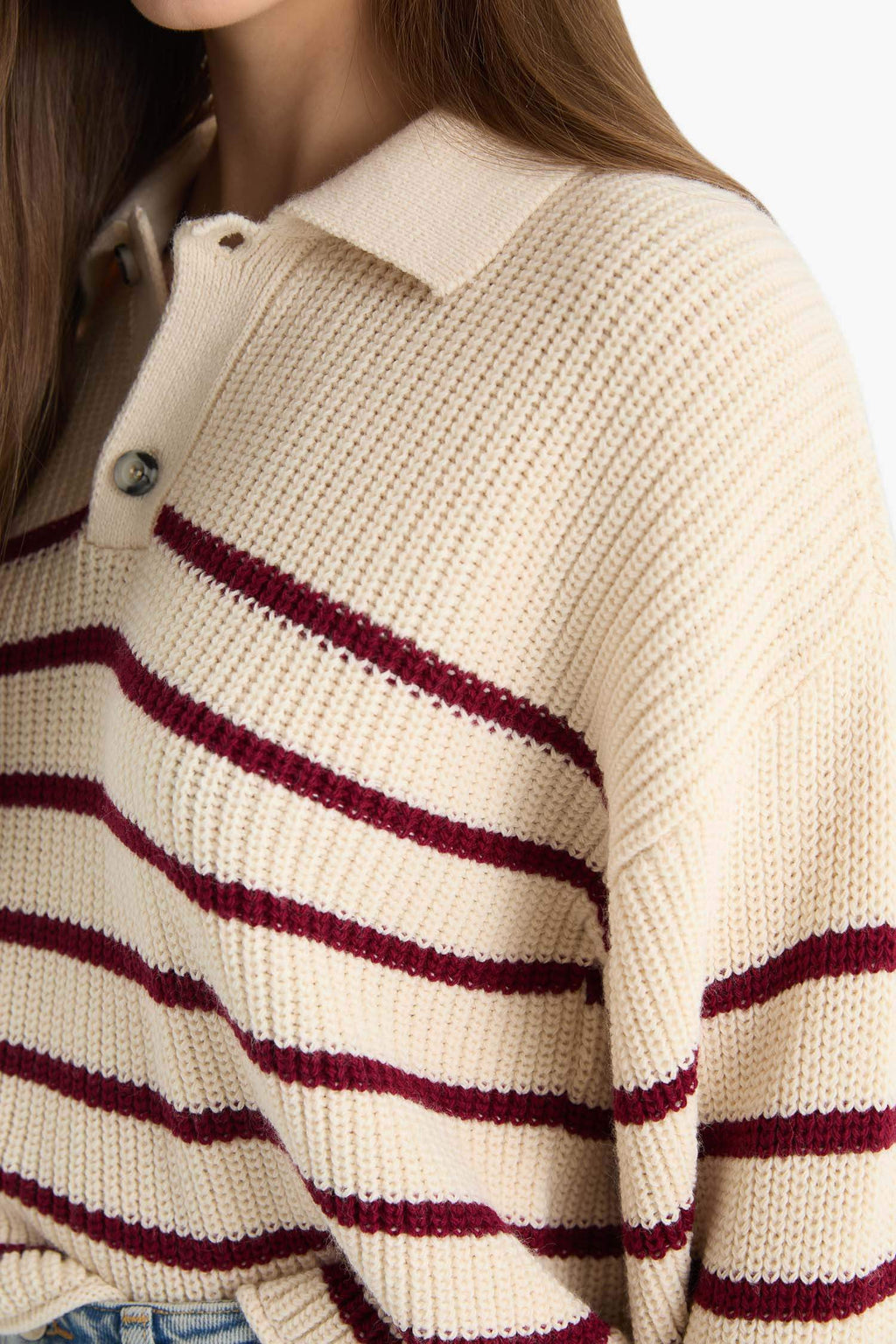 Cool Relax Fit Polo Collar Button-Down Striped Knit Sweater