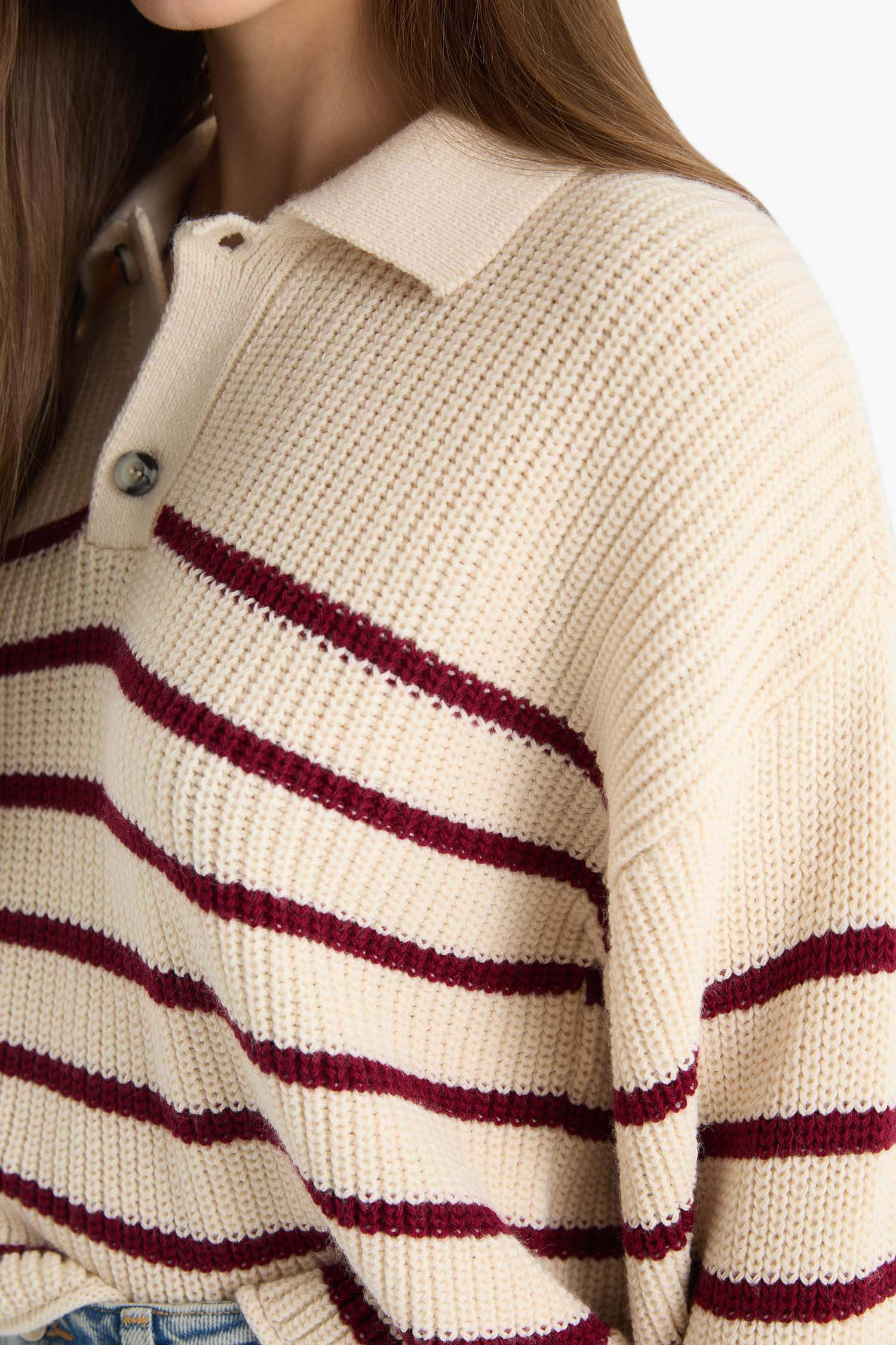 Cool Relax Fit Polo Collar Button-Down Striped Knit Sweater