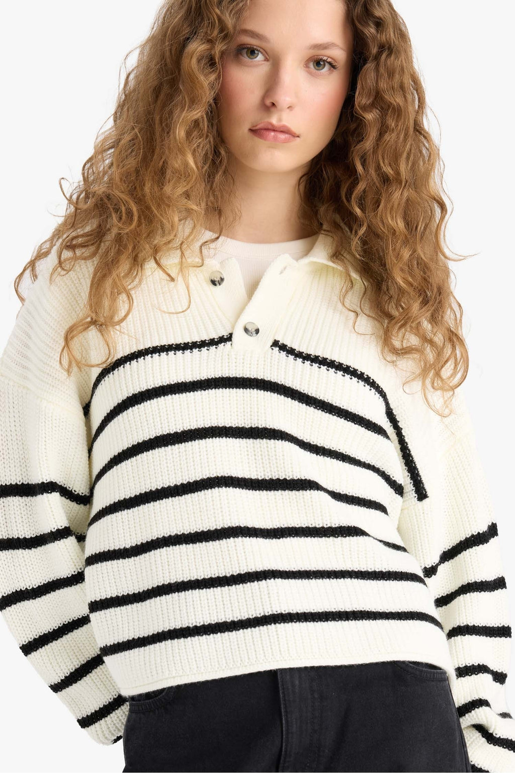 Cool Relax Fit Polo Collar Button-Down Striped Knit Sweater