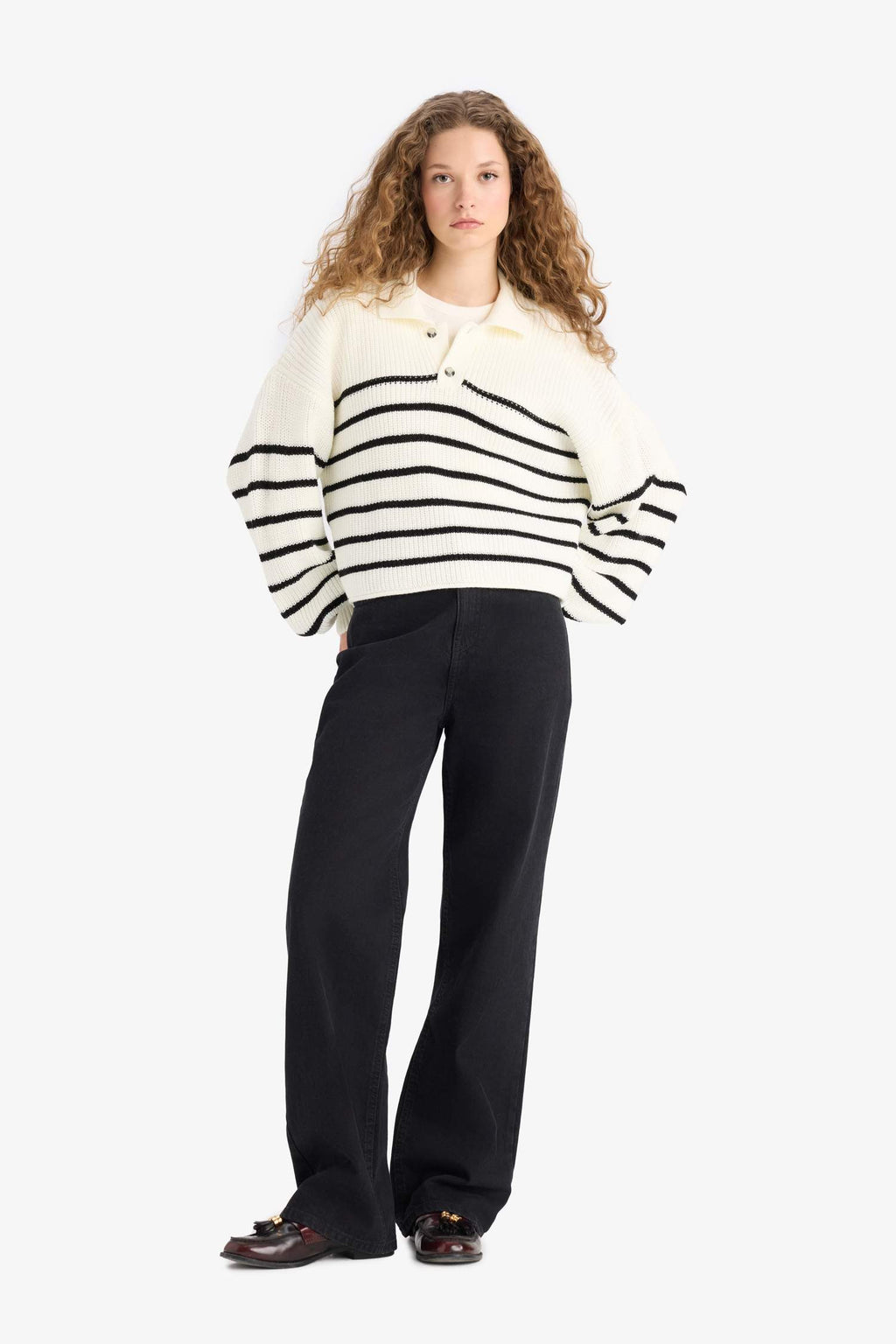 Cool Relax Fit Polo Collar Button-Down Striped Knit Sweater