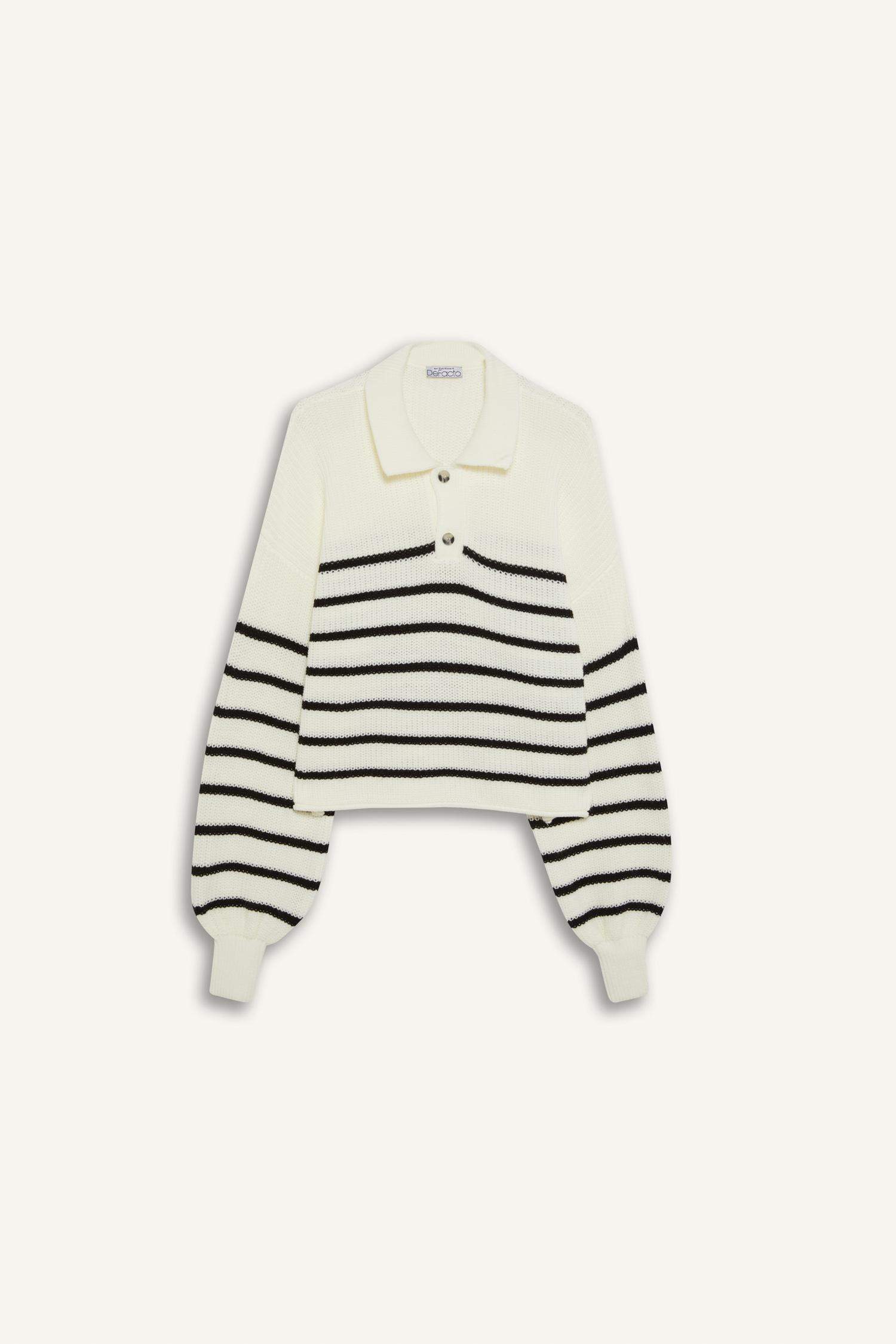 Cool Relax Fit Polo Collar Button-Down Striped Knit Sweater