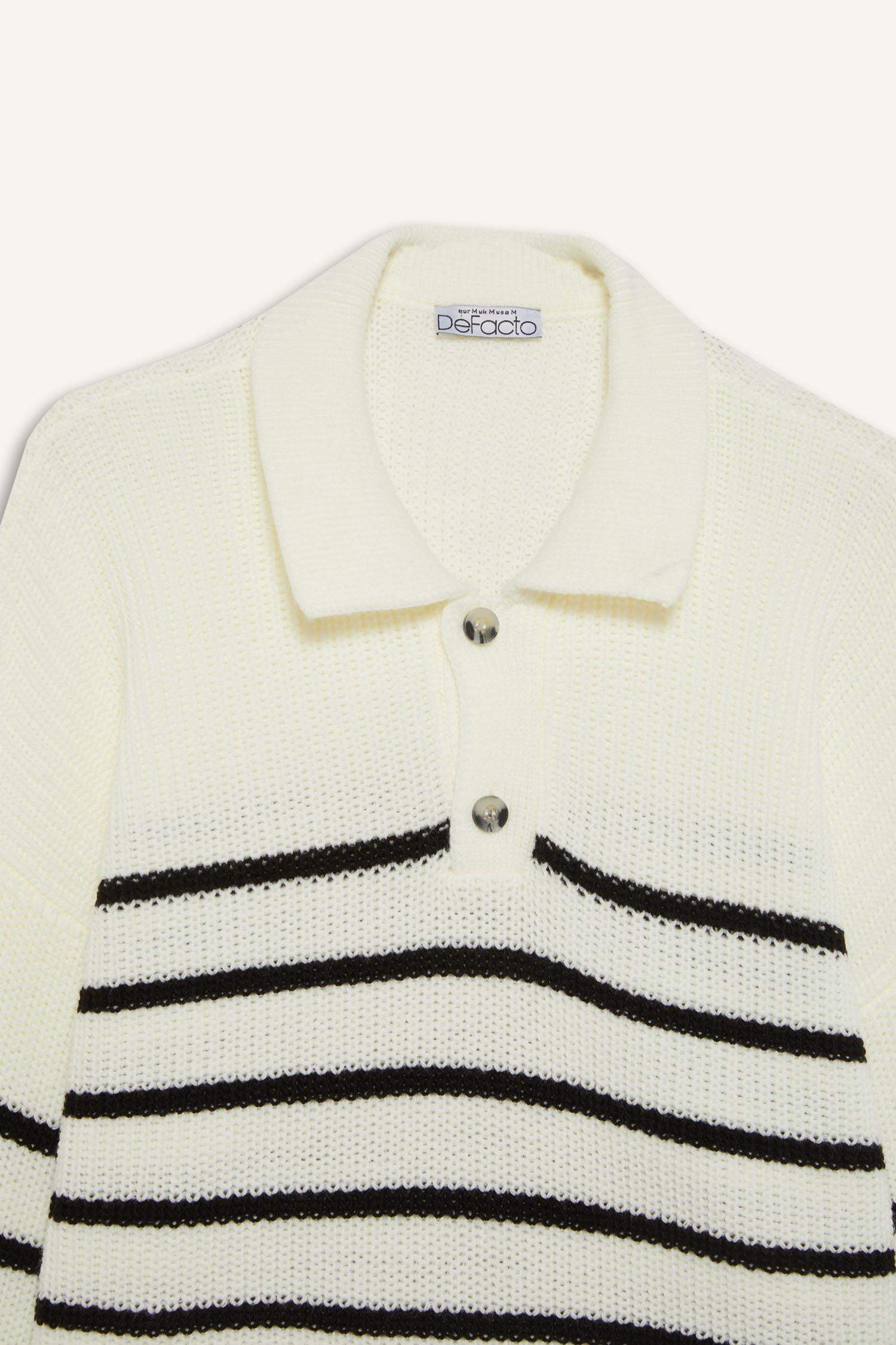 Cool Relax Fit Polo Collar Button-Down Striped Knit Sweater