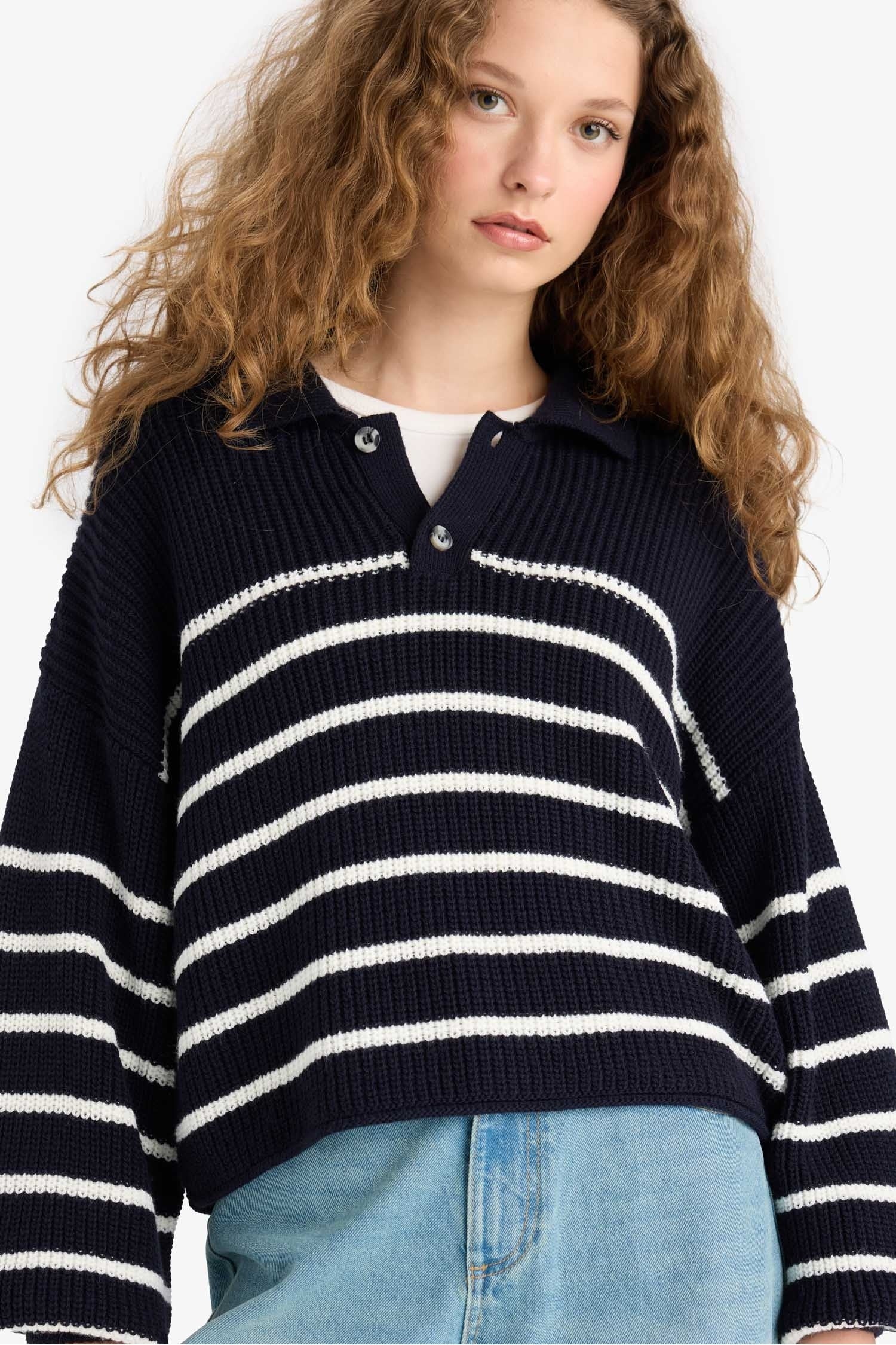 Cool Relax Fit Polo Collar Button-Down Striped Knit Sweater
