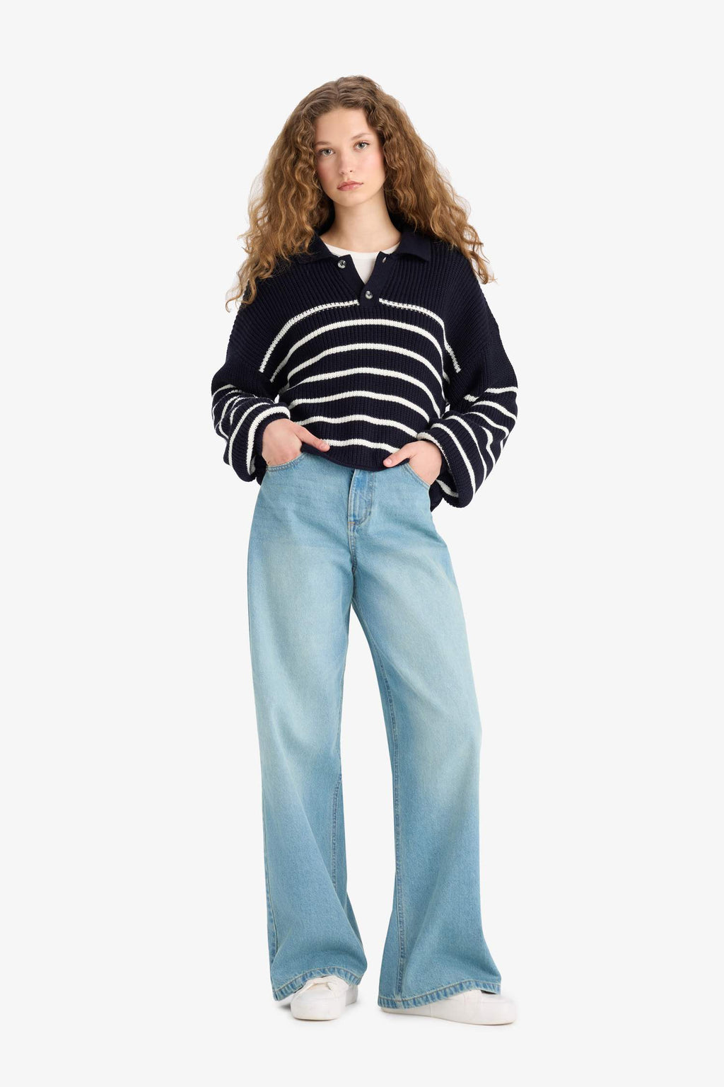 Cool Relax Fit Polo Collar Button-Down Striped Knit Sweater