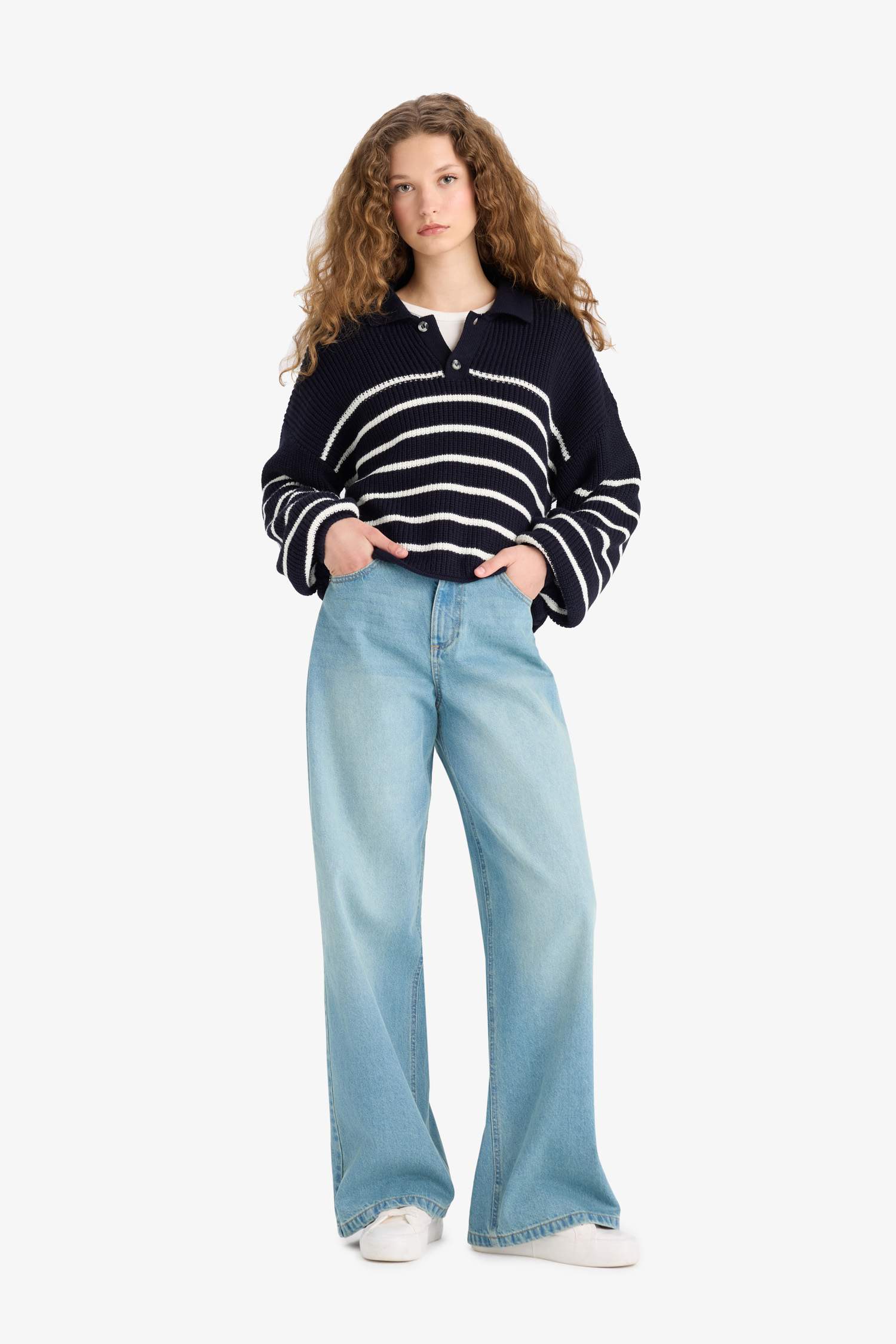 Cool Relax Fit Polo Collar Button-Down Striped Knit Sweater