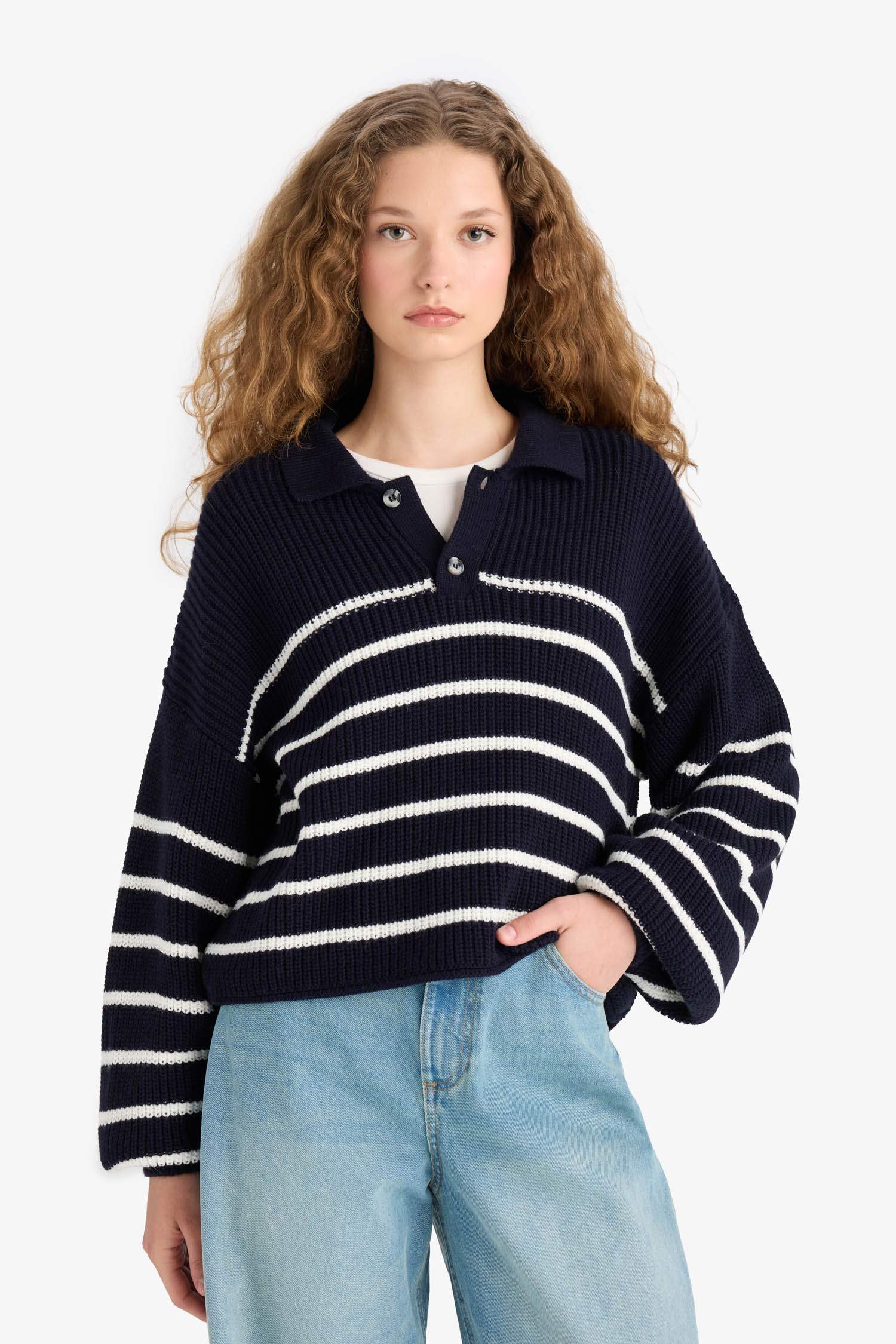 Cool Relax Fit Polo Collar Button-Down Striped Knit Sweater