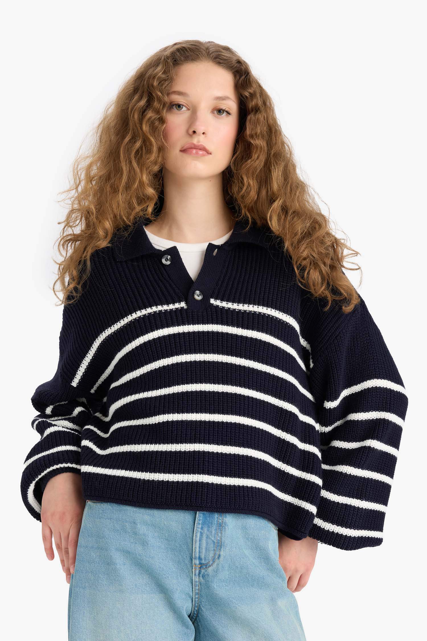 Cool Relax Fit Polo Collar Button-Down Striped Knit Sweater